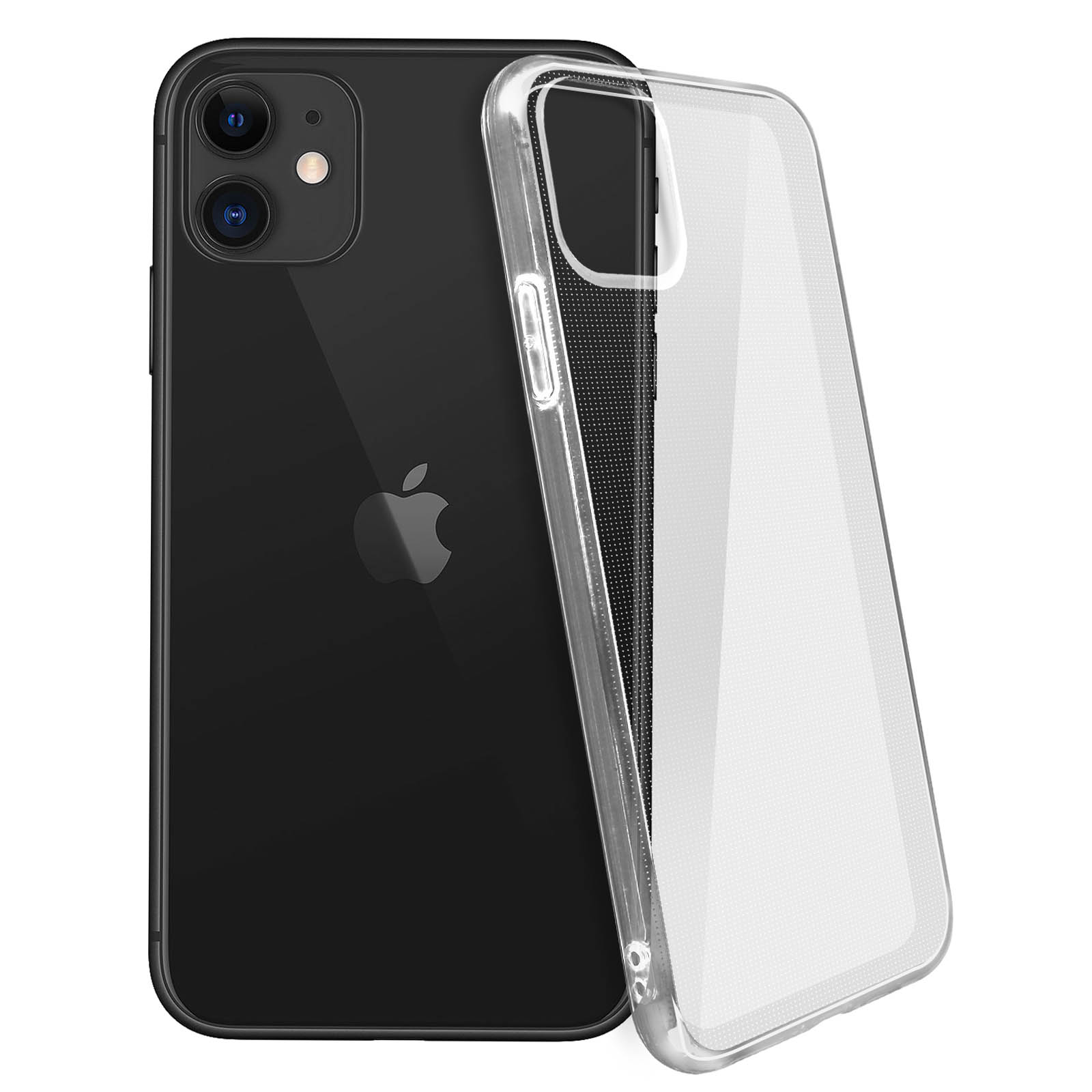 Un iPhone noir avec une coque transparente. Un autre iPhone en arrière-plan. Fond blanc.