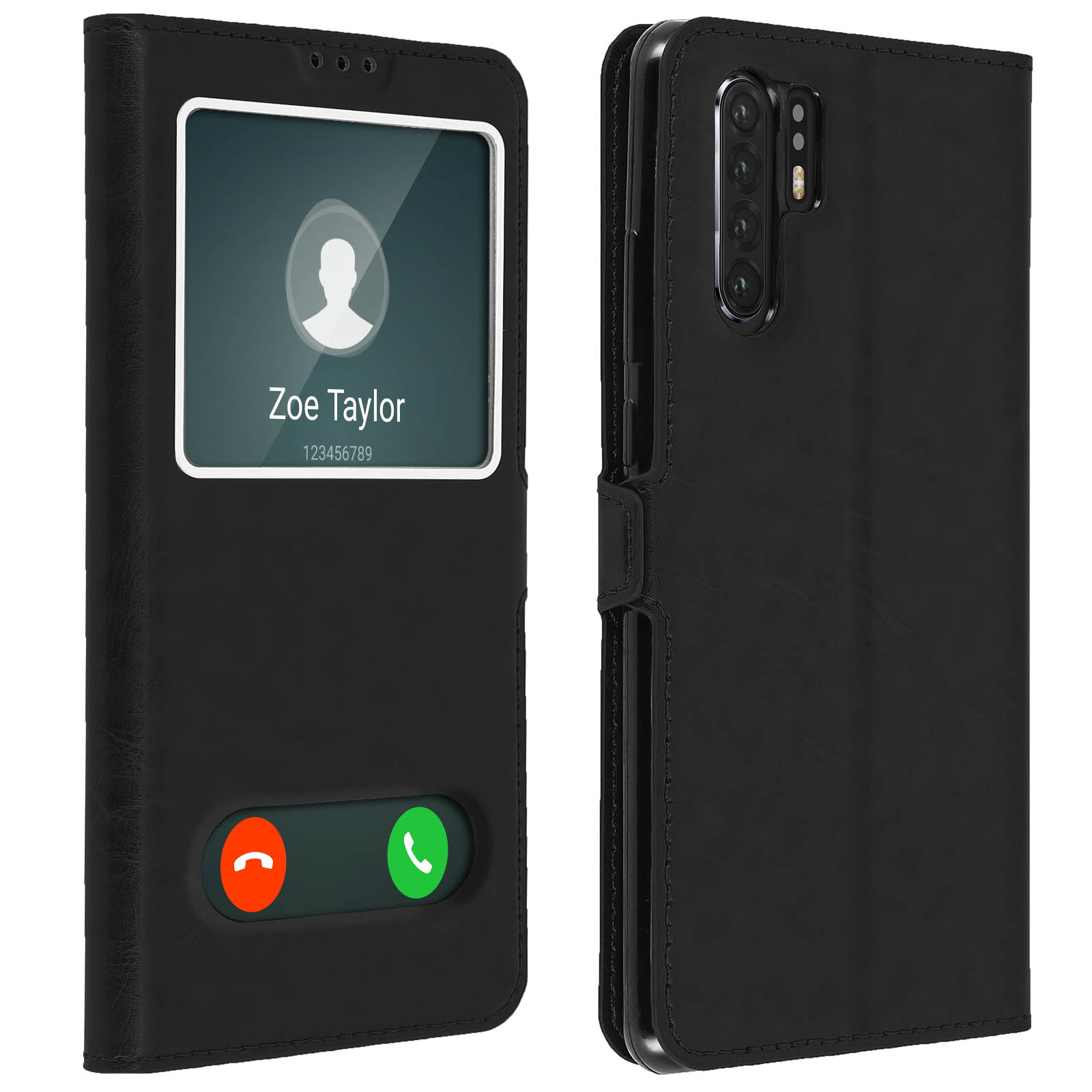 Custodia per telefono nera con schermo che mostra una chiamata in arrivo. Telefono con fotocamera a destra.