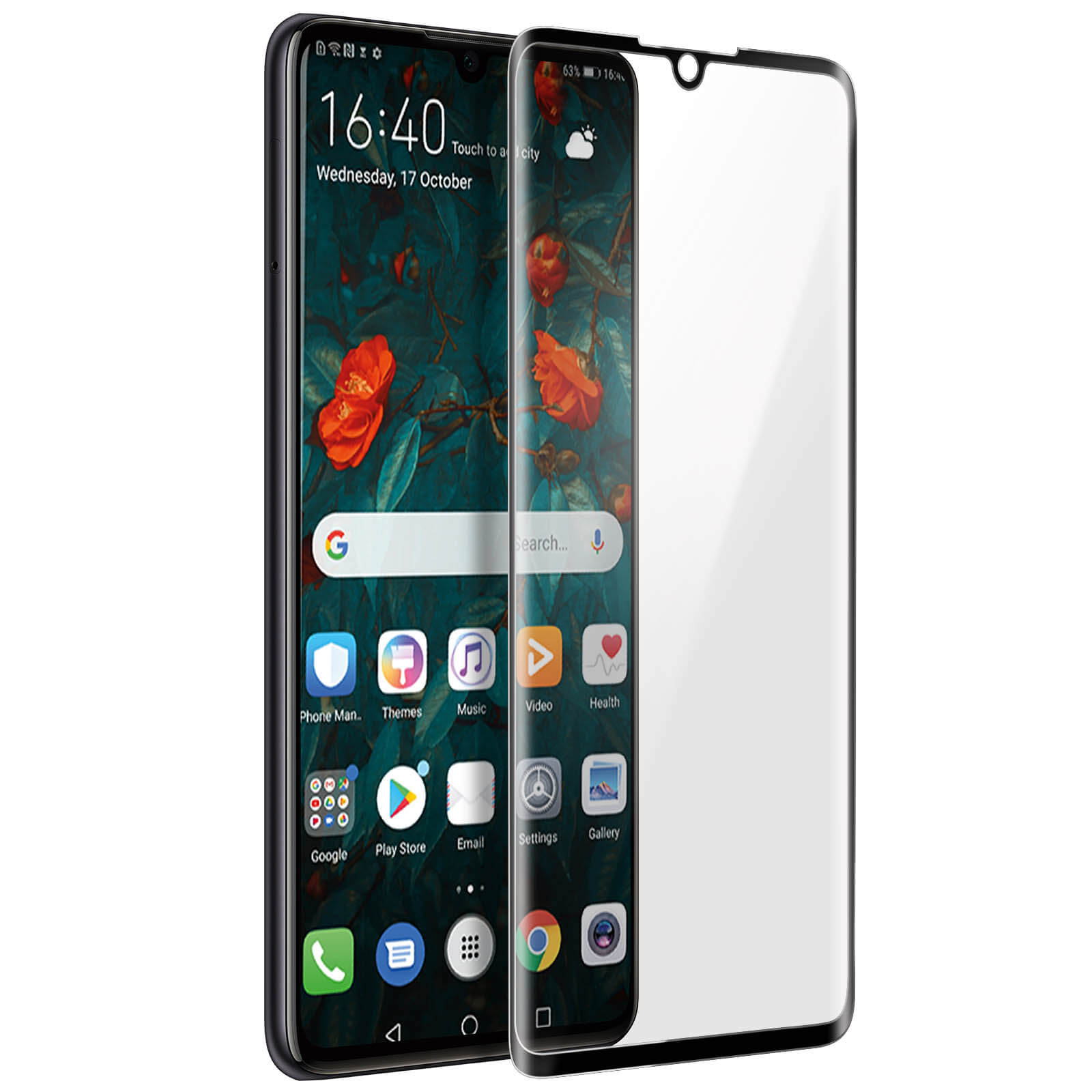 Uno smartphone con protezione schermo, che mostra l'ora e le icone, posizionato su sfondo bianco.