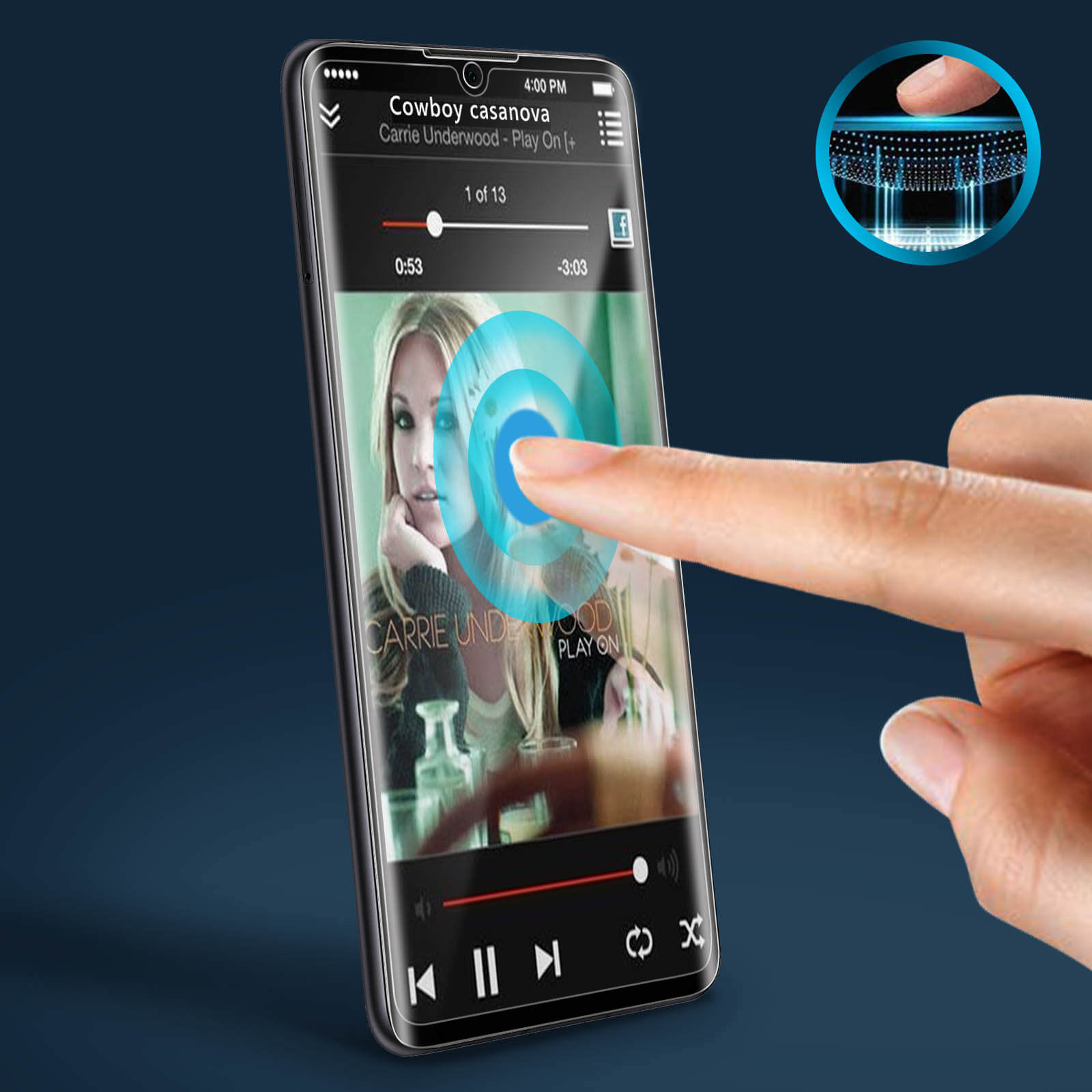 Una mano che tocca lo schermo di un telefono che riproduce un video musicale, con un cerchio tattile blu.