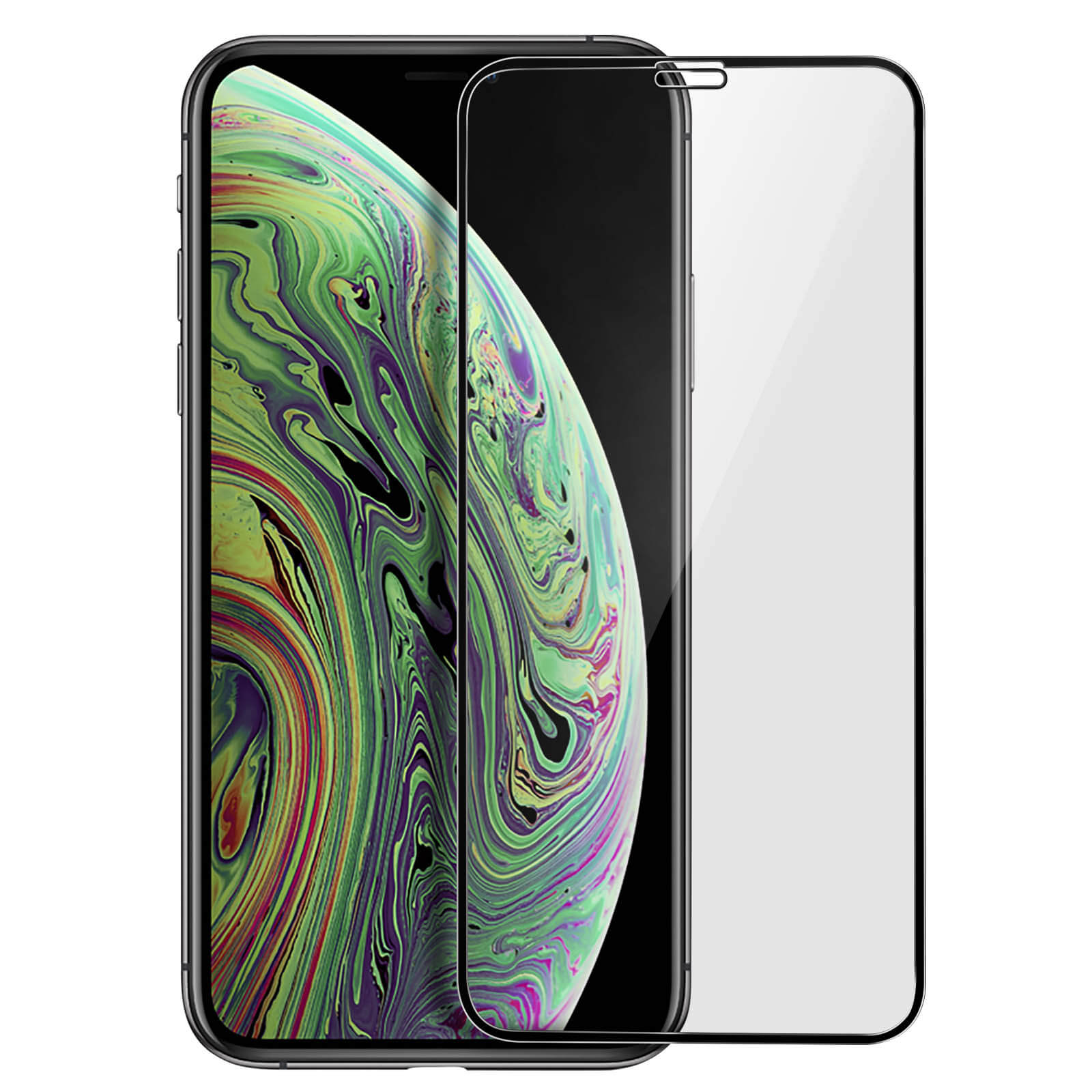 Telefono con protezione schermo, che mostra un'interfaccia di app. Mano che tocca lo schermo.