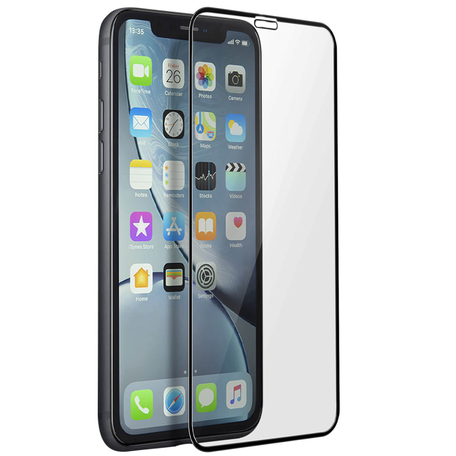 Uno smartphone con protezione schermo in mostra, che mostra l'ora e le icone delle app, su sfondo bianco.
