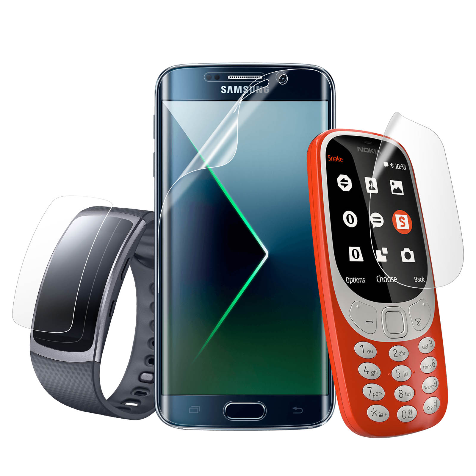 L'immagine mostra un telefono Samsung, un telefono Nokia arancione e un fitness tracker nero, tutti con protezioni schermo.