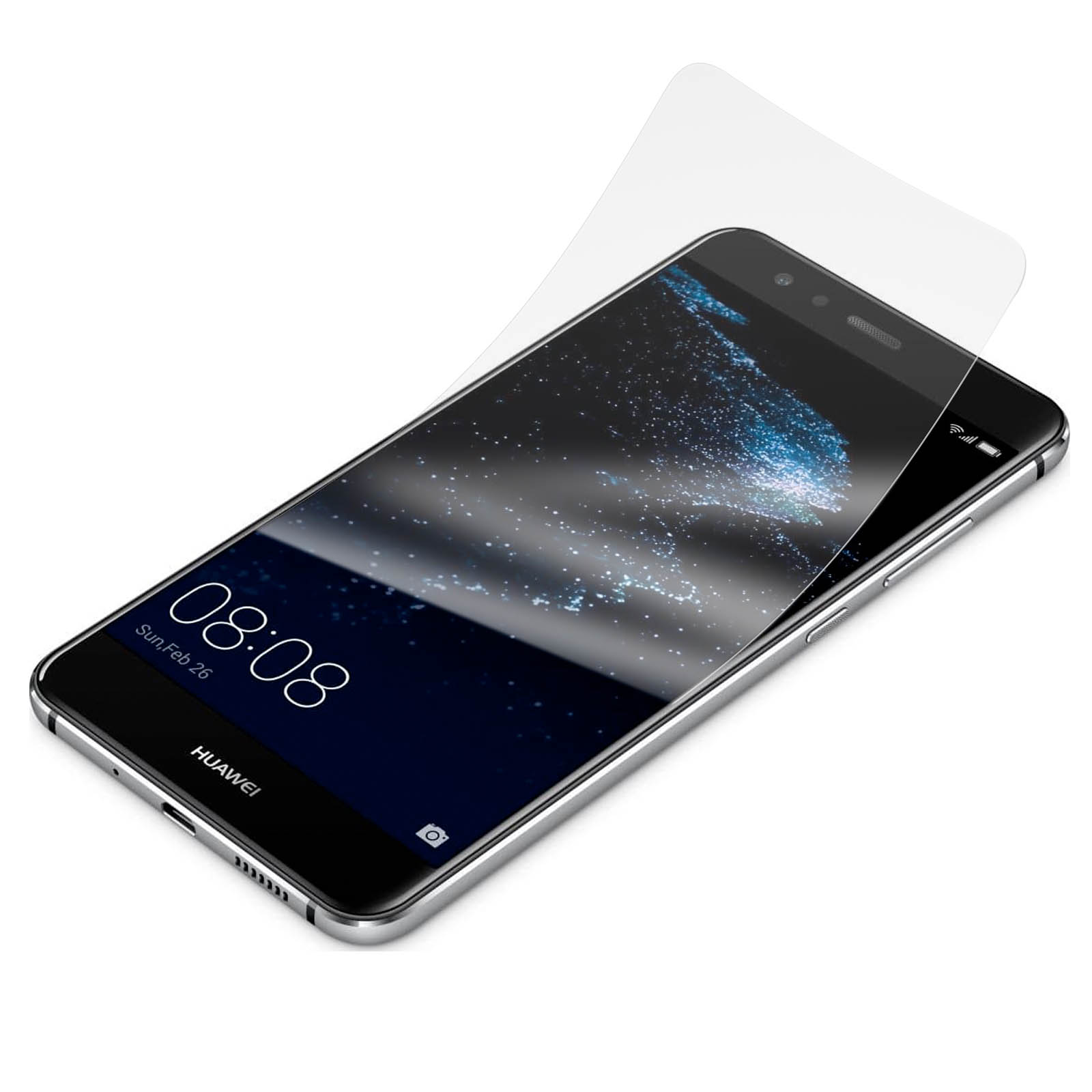 Uno smartphone Huawei nero con una protezione per lo schermo applicata. Lo schermo mostra l'ora e uno sfondo stellato.