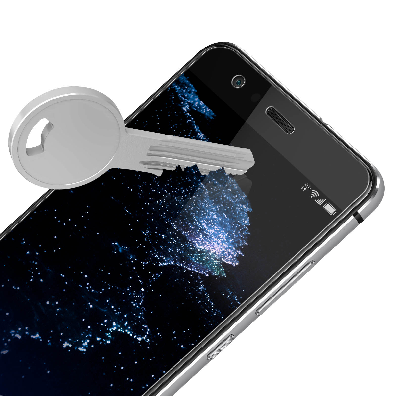 Una chiave d'argento sopra uno smartphone. Il telefono mostra un'immagine blu scuro simile a una galassia.