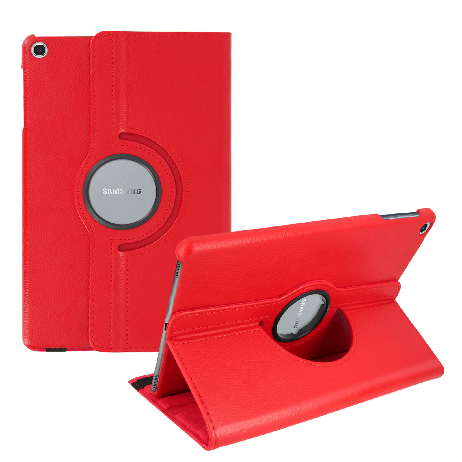 Una custodia per tablet rossa con supporto girevole, mostrata aperta e chiusa.