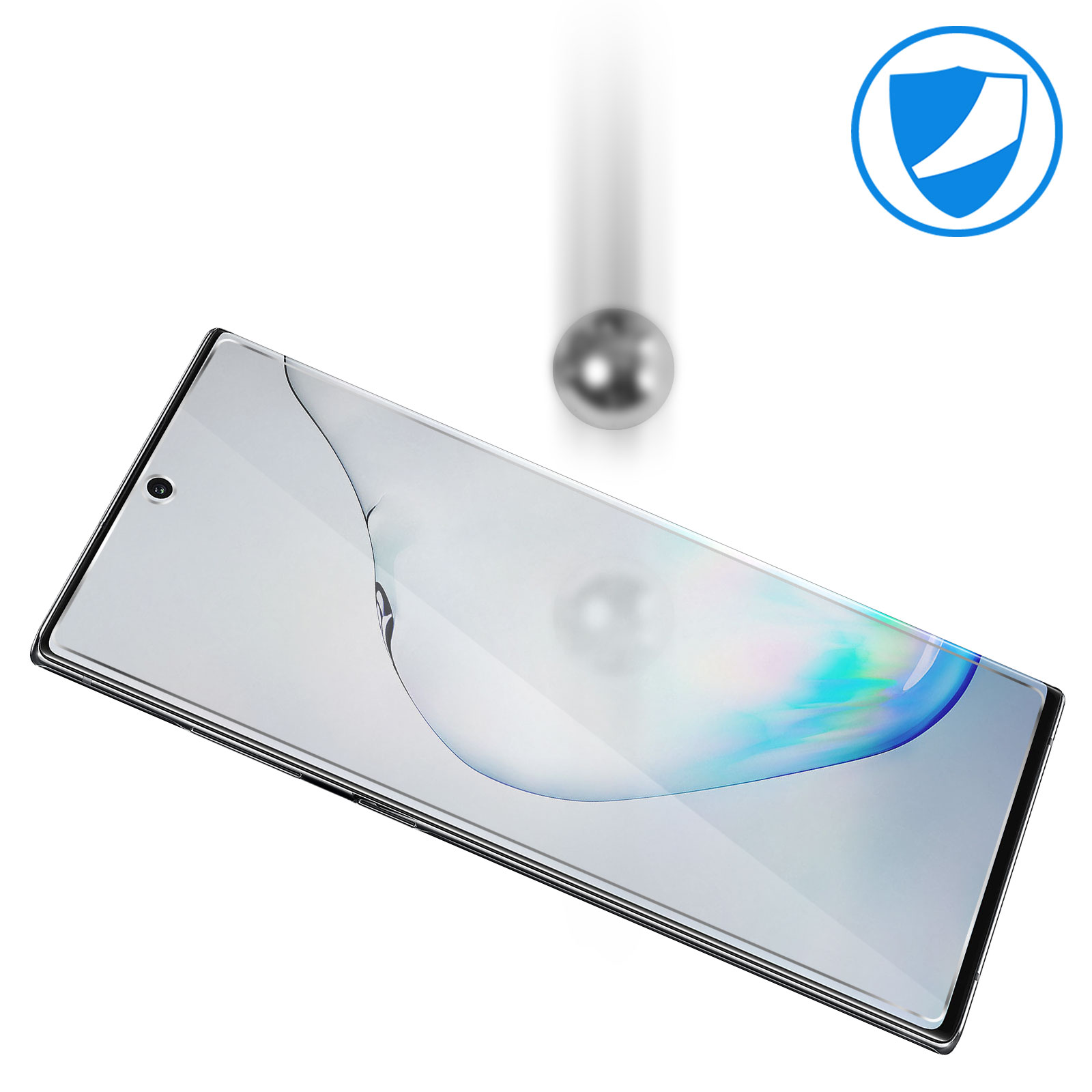 Uno schermo del telefono con un proteggi schermo in vetro. Una palla di metallo sta cadendo sullo schermo.