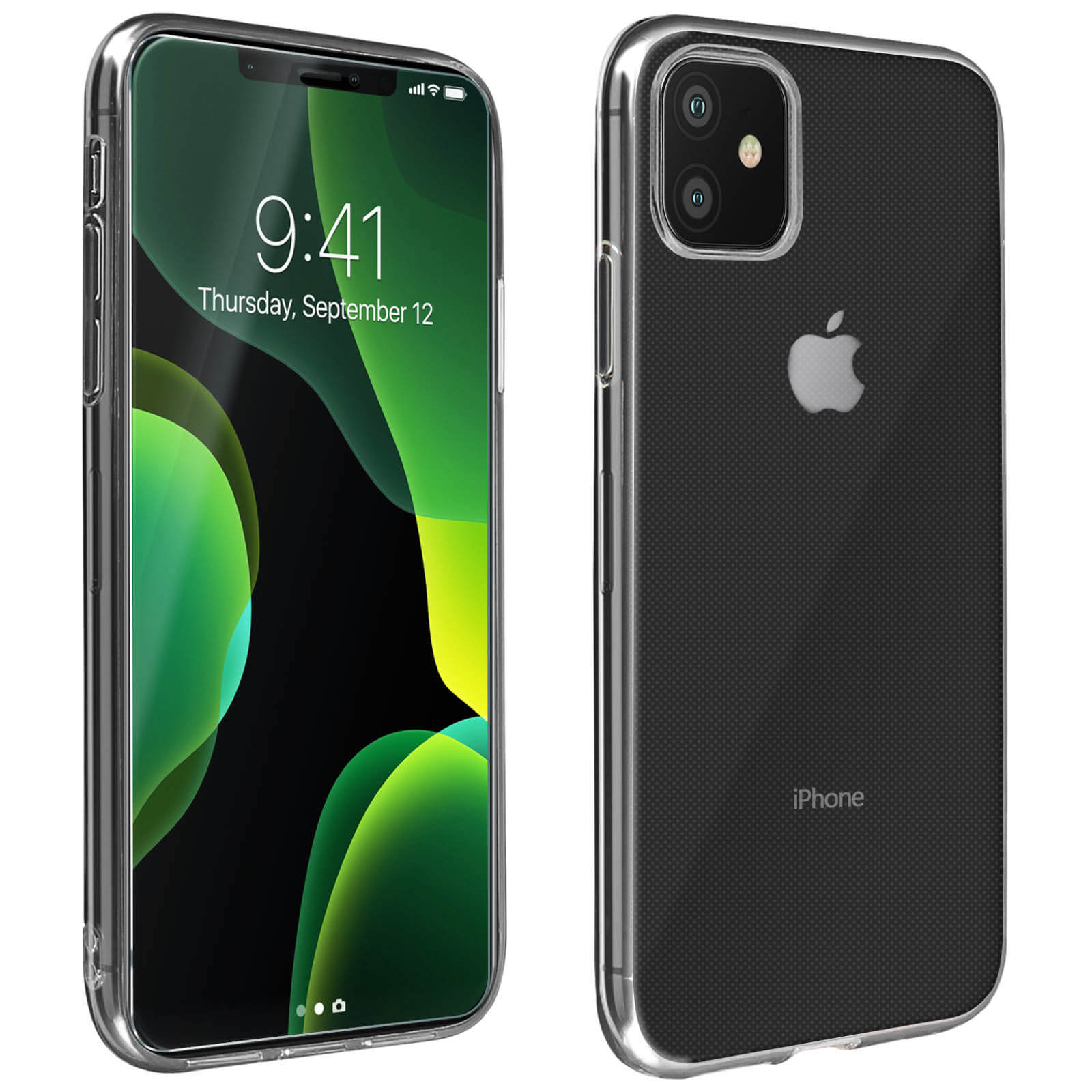 iPhone con custodia trasparente. Mostra lo schermo con l'ora e la custodia sul retro.