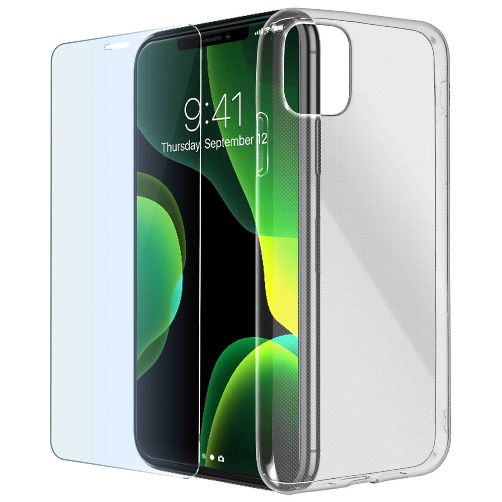Un telefono con protezione schermo e custodia. Il telefono mostra l'ora, una protezione schermo e una custodia trasparente.