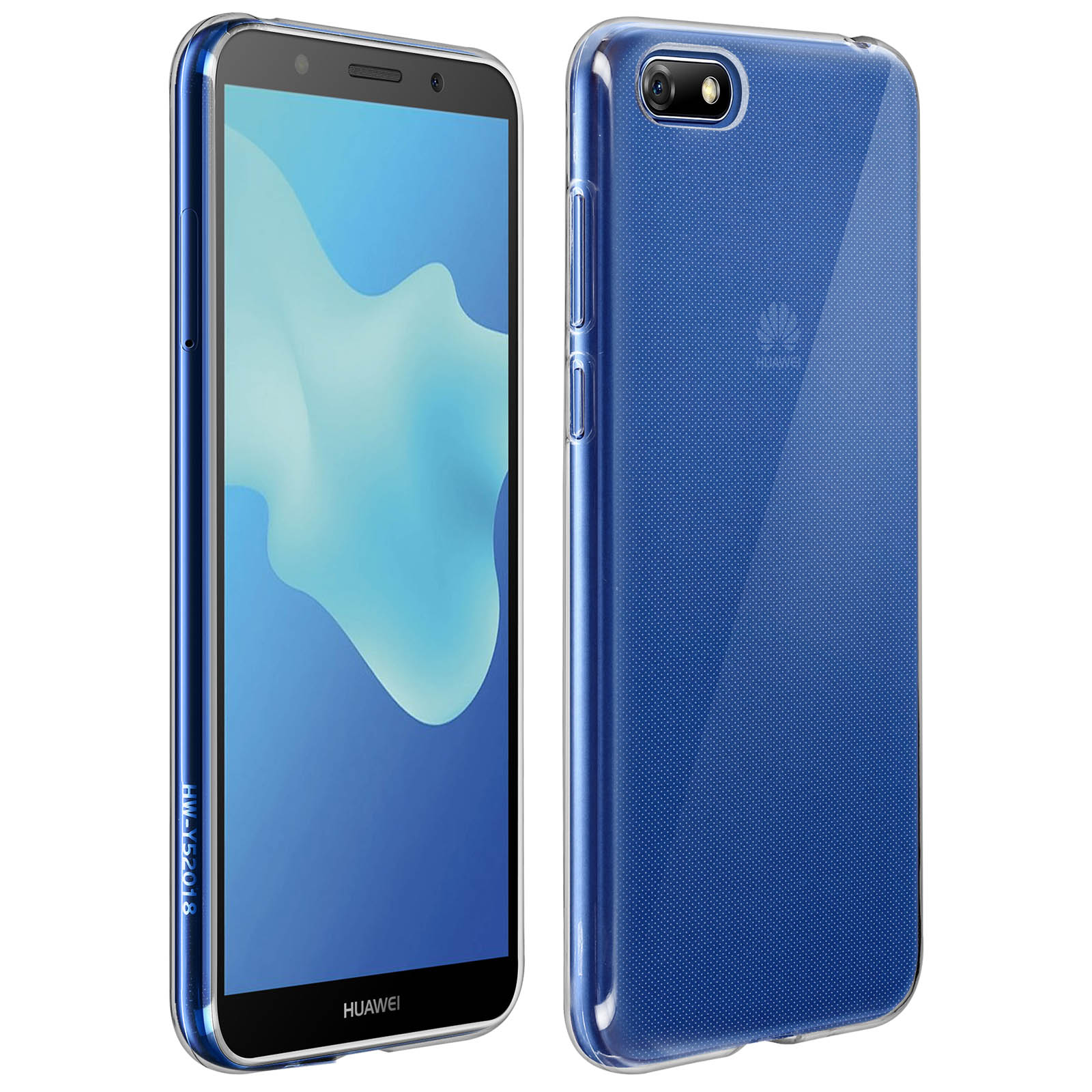 Custodia blu e telefono, schermo mostra ora e logo.