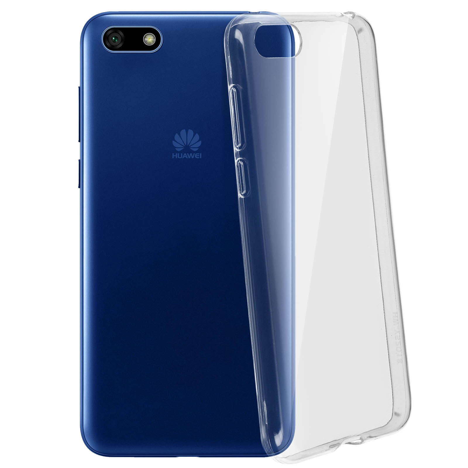 Un telefono blu con una custodia trasparente accanto. Il telefono ha il logo Huawei.