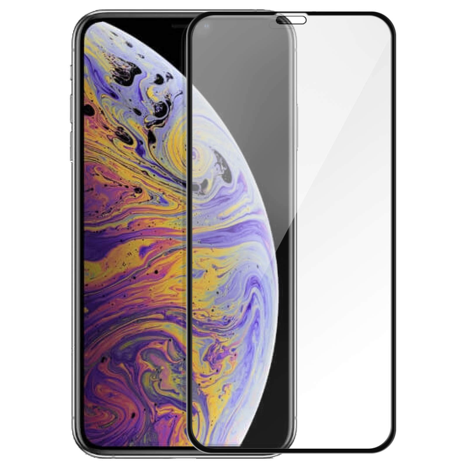 Telefono con protezione schermo, interfaccia viola. Il telefono è davanti a uno sfondo bianco.