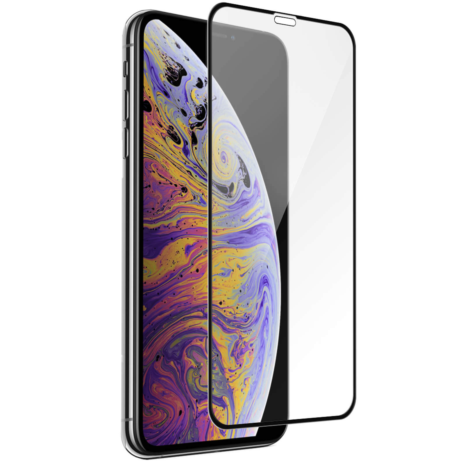 Un telefono con uno schermo e una protezione schermo accanto, con sfondo bianco.
