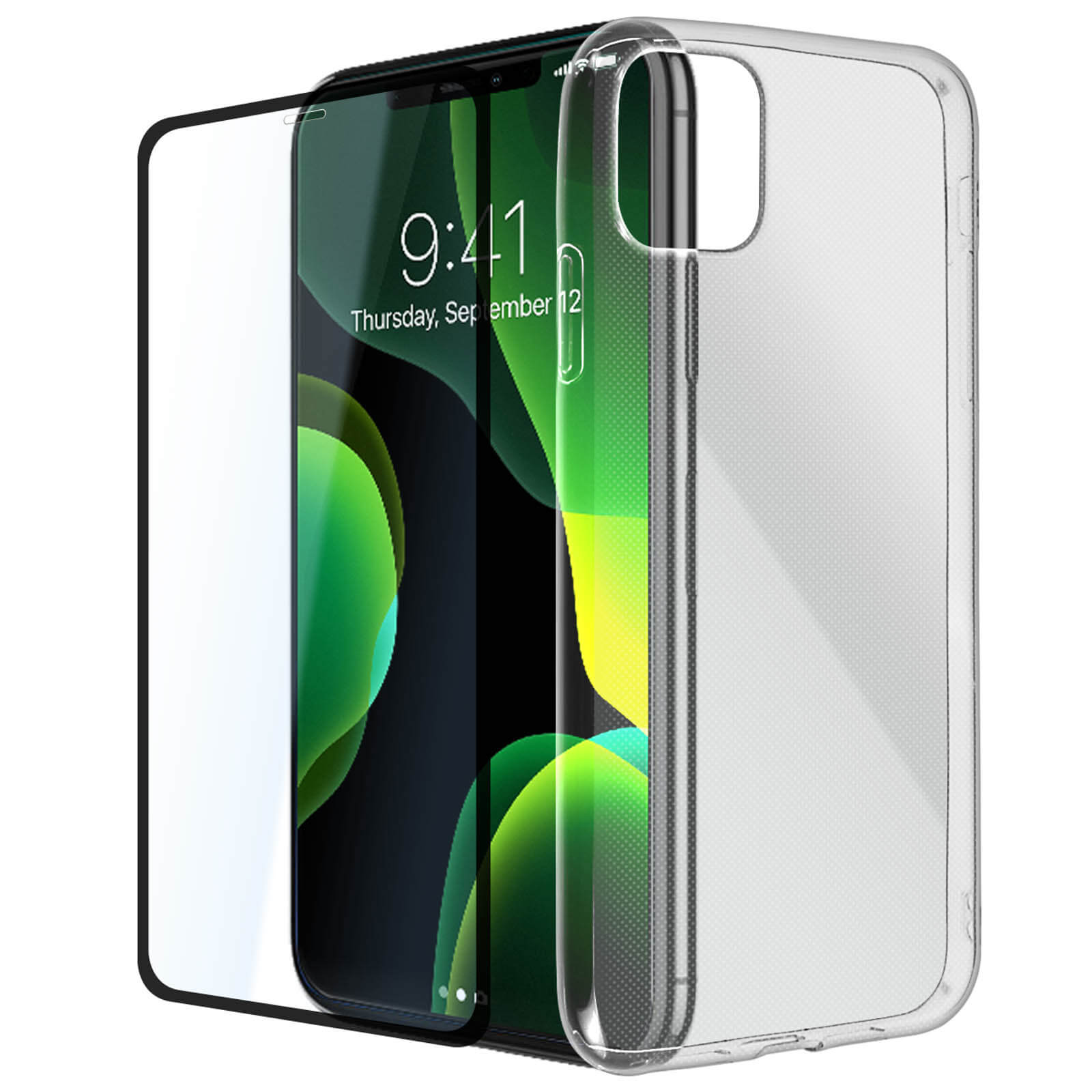 Telefon mit Displayschutz und Hülle. Transparenter Displayschutz und transparente Hülle sichtbar.