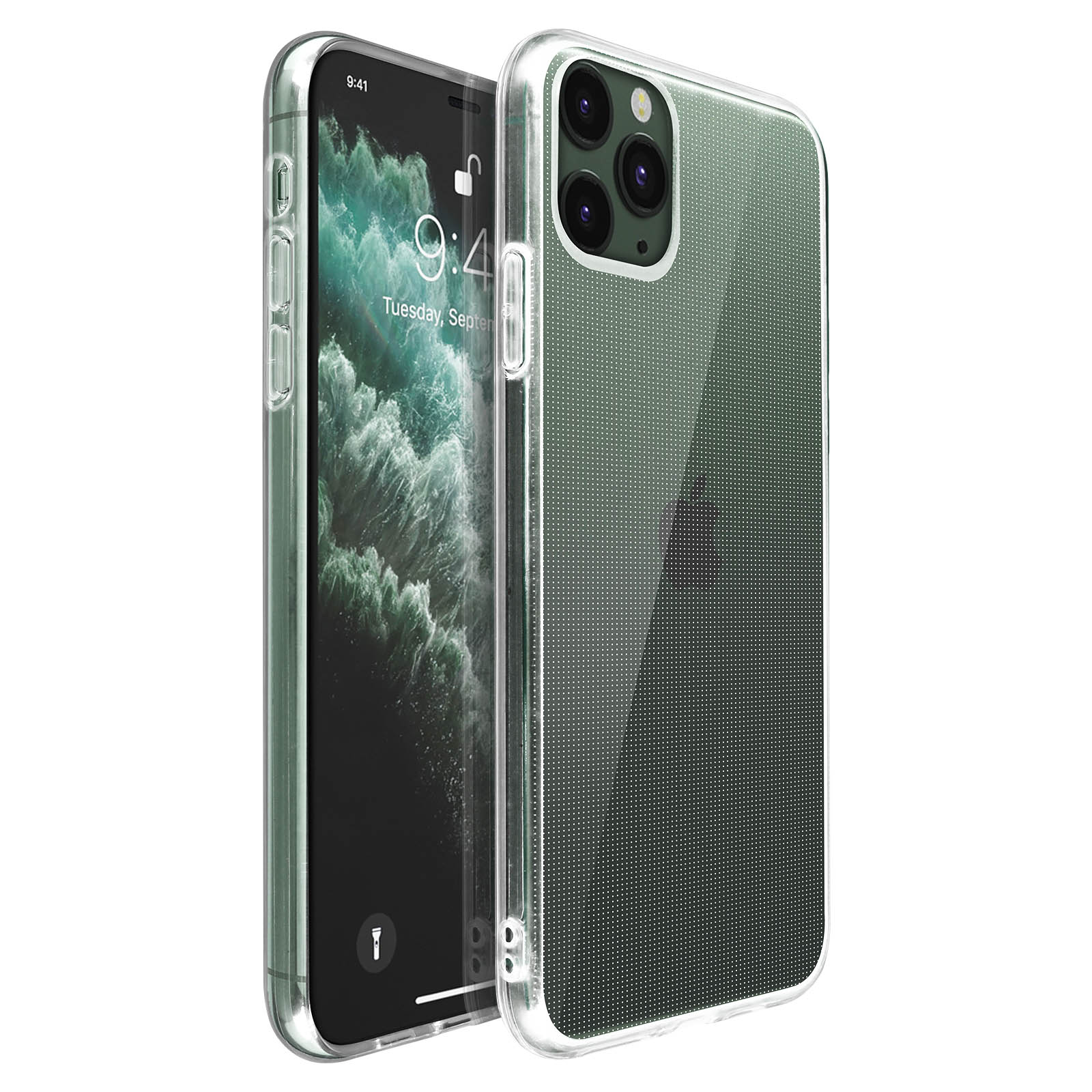 Custodia trasparente sul telefono. Il telefono visualizza l'ora e l'immagine di sfondo. Custodia trasparente con texture a pois.
