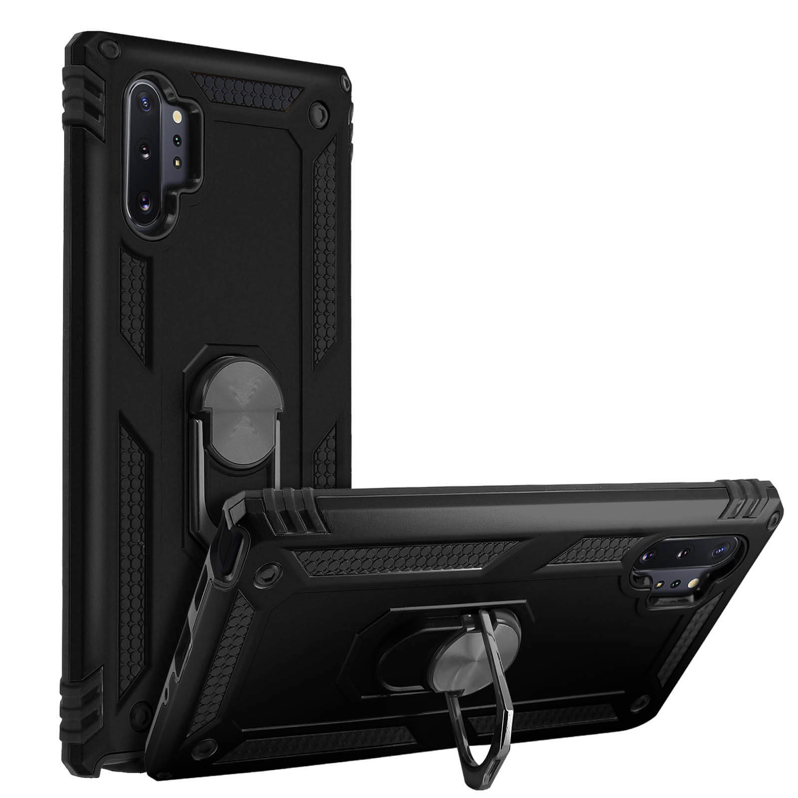 Twee zwarte telefoonhoesjes met ringhouders. Eén staat rechtop, de andere ligt. Witte achtergrond.