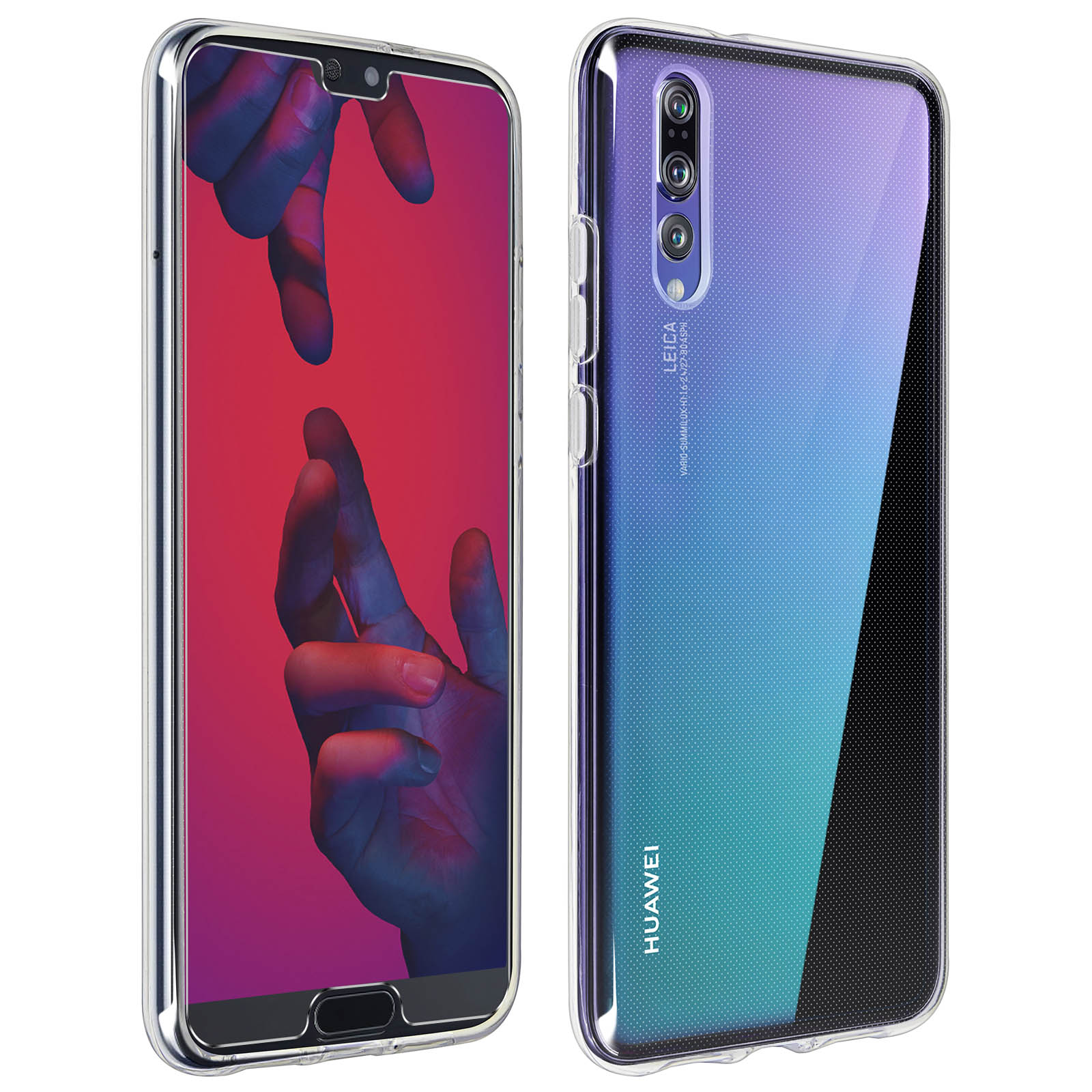 Telefono con custodia e protezione schermo. Lo schermo mostra mani e uno sfondo sfumato.