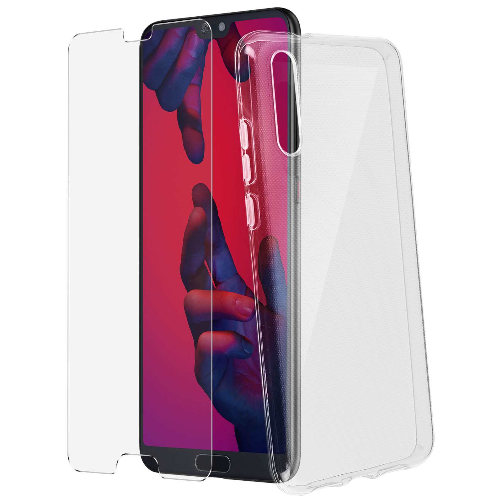 Un telefono è tra una protezione per lo schermo e una custodia trasparente. Lo schermo del telefono è visibile.