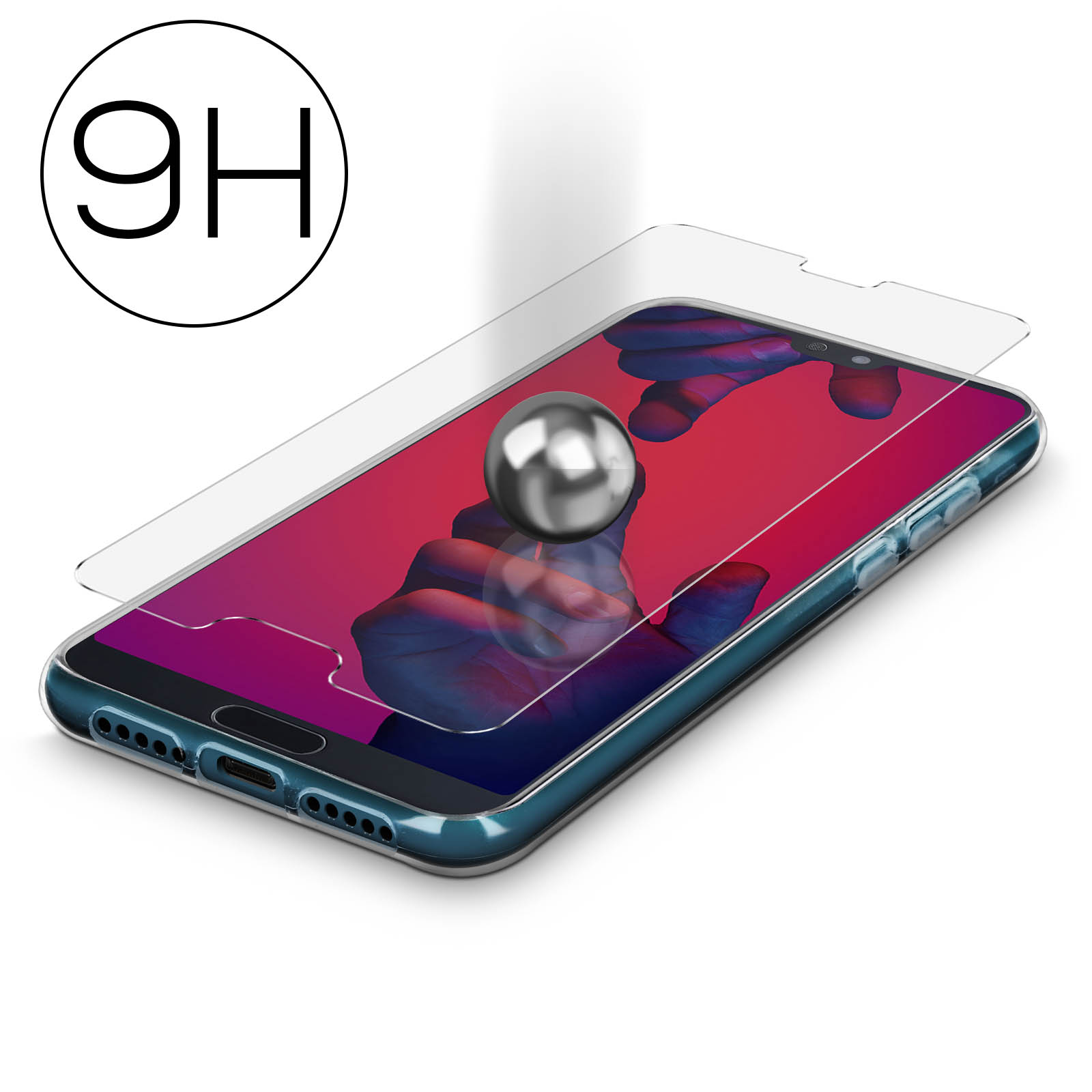 Telefono con protezione schermo in vetro e segno 9H. Una sfera di metallo rimbalza.