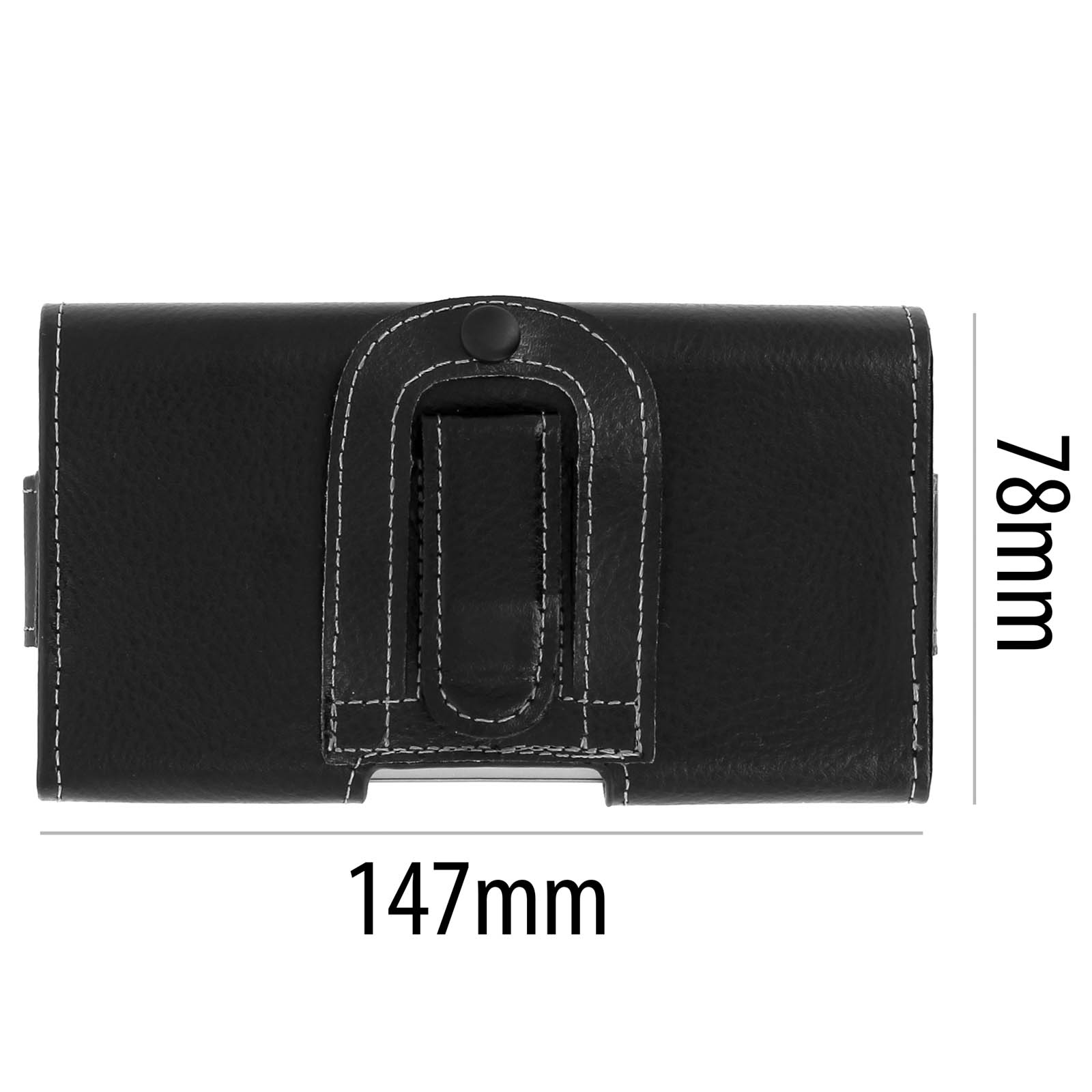 Una custodia nera per telefono con dimensioni indicate: 78 mm e 147 mm. Cuciture bianche.