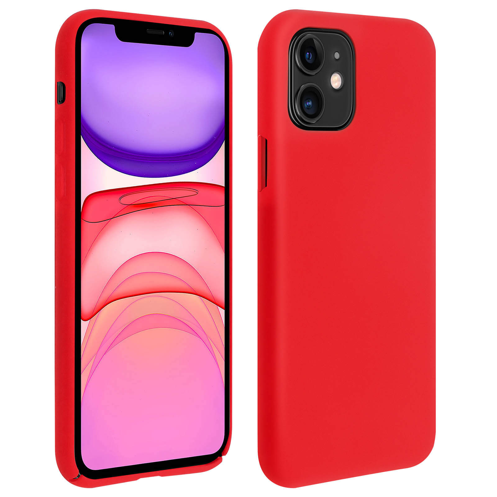 Téléphone rouge dans un étui. Vue de face montre l'écran. Vue latérale montre l'étui.