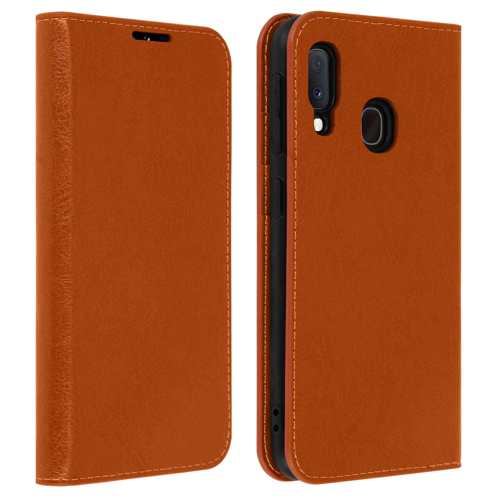Eine orangefarbene Leder-Handyhülle, geöffnet, um das Telefon im Inneren zu zeigen. Die Hülle ist strukturiert.