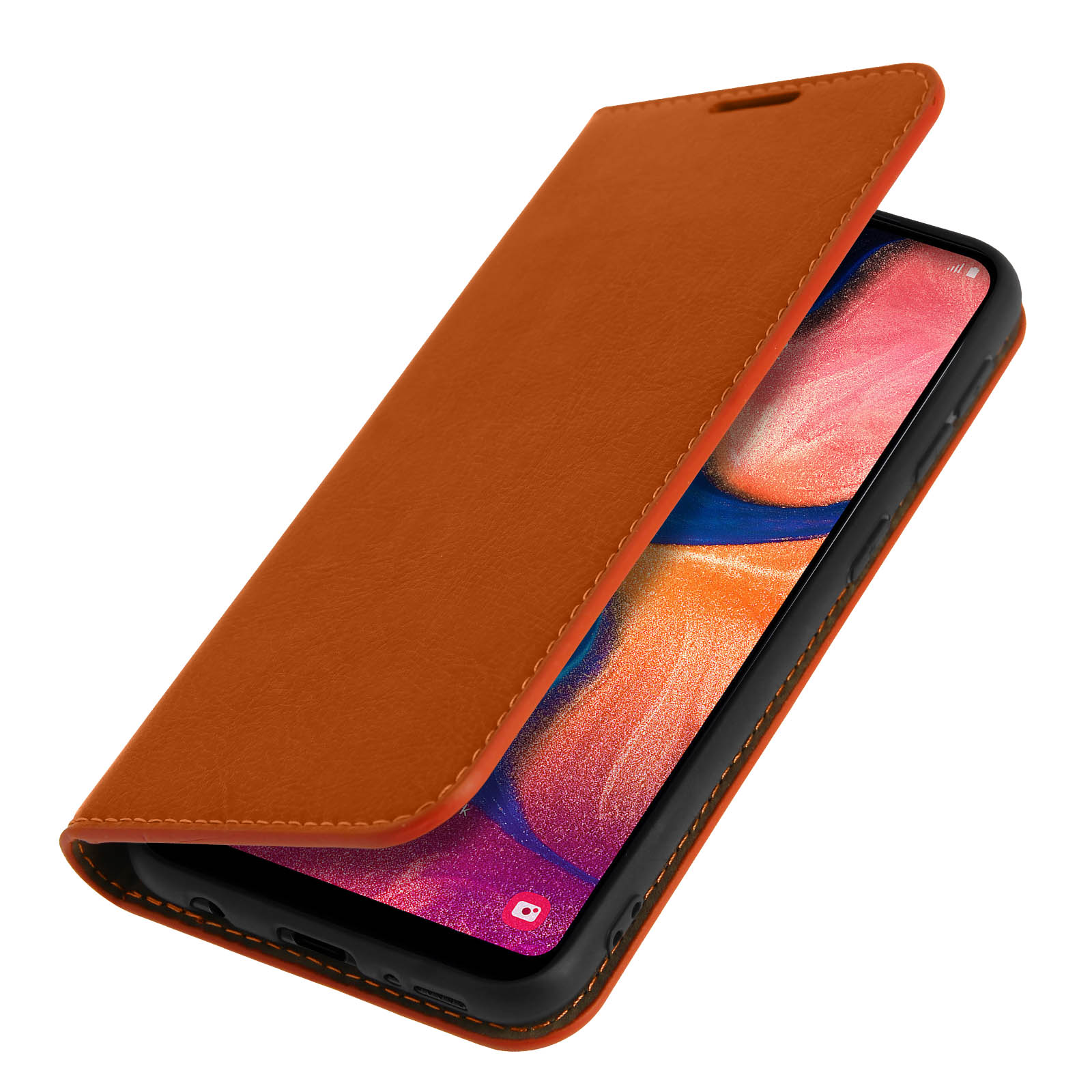 Eine offene Handyhülle in Braun mit einem Telefon darin, einem schwarzen Rand und einem braunen Innenraum.