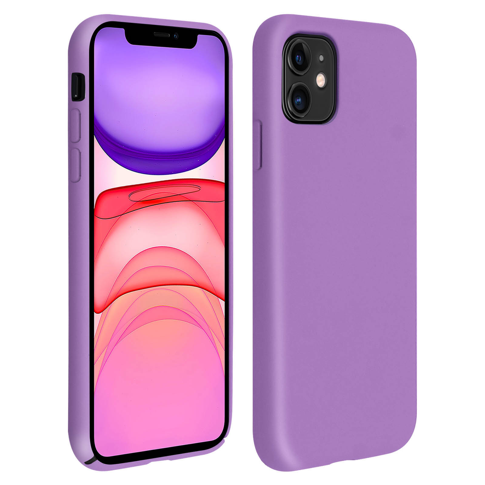 Een paarse telefoon in een paarse hoes, het scherm staat aan.