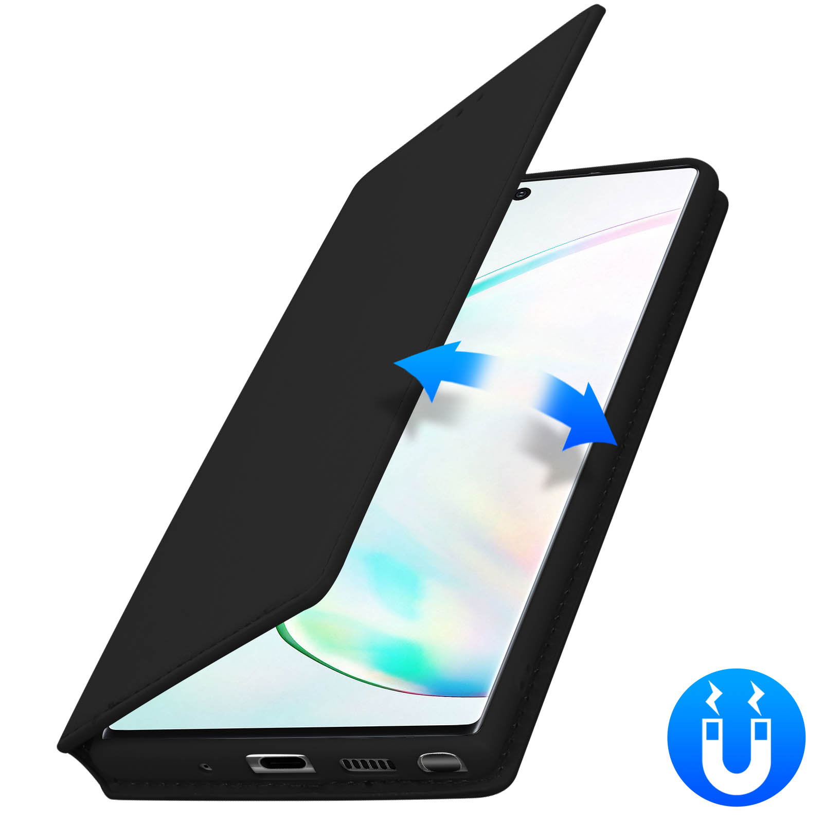 Zwarte telefoonhoes met open klep, scherm, blauwe pijlen.