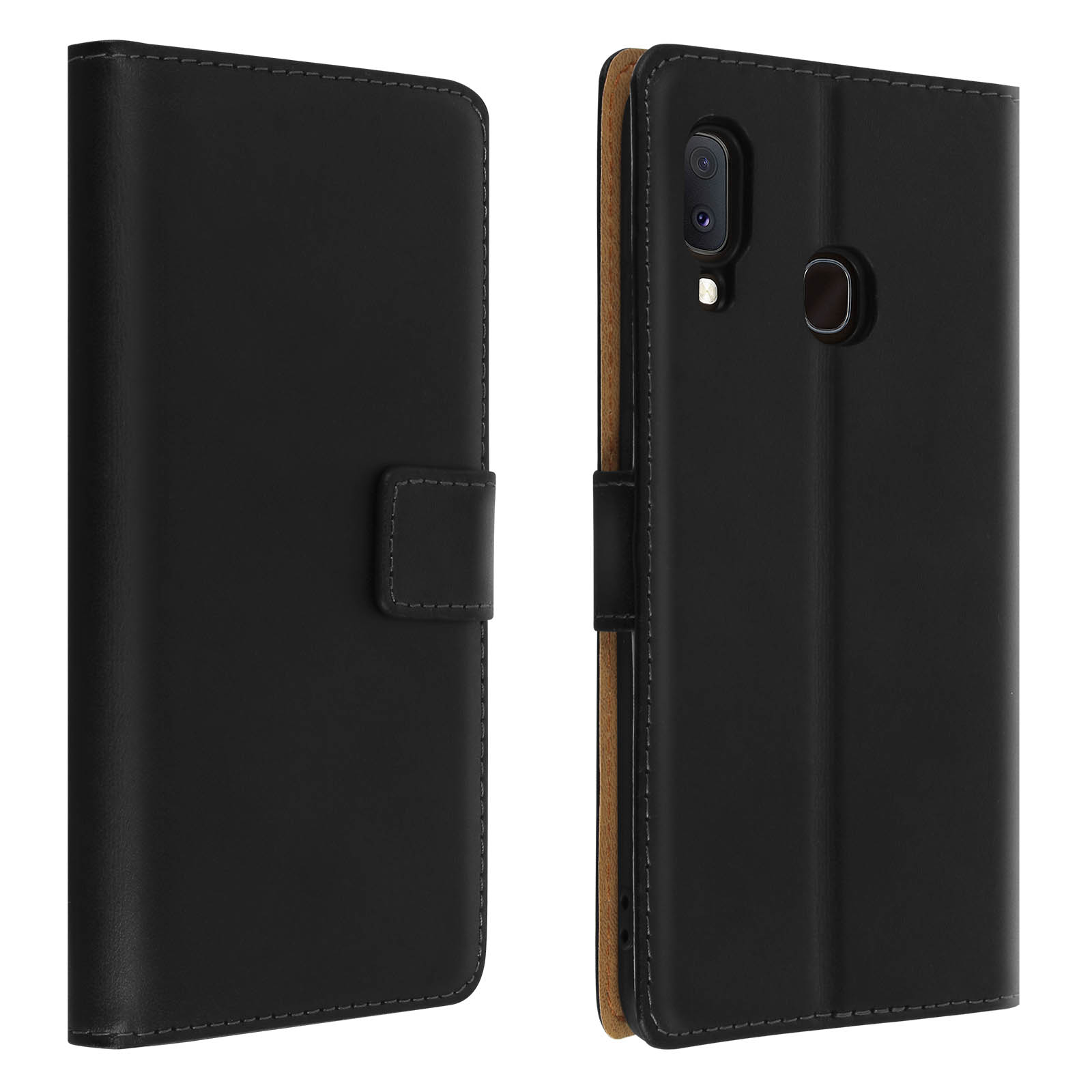 Custodia in pelle nera, aperta e chiusa. Il telefono ha una fotocamera e un flash.