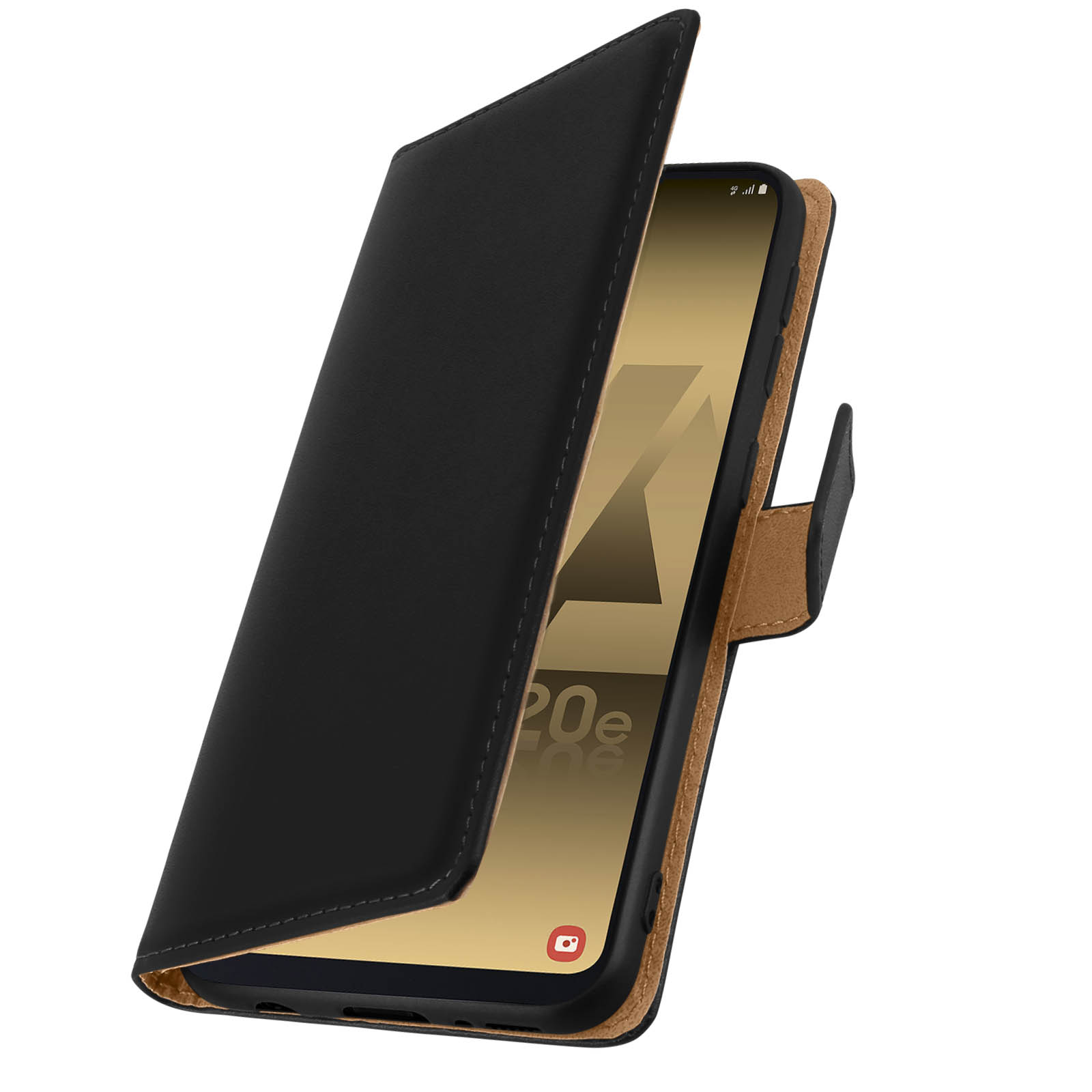 Custodia nera per telefono aperta, che rivela un telefono. È una custodia a portafoglio aperta, con un telefono dorato all'interno.