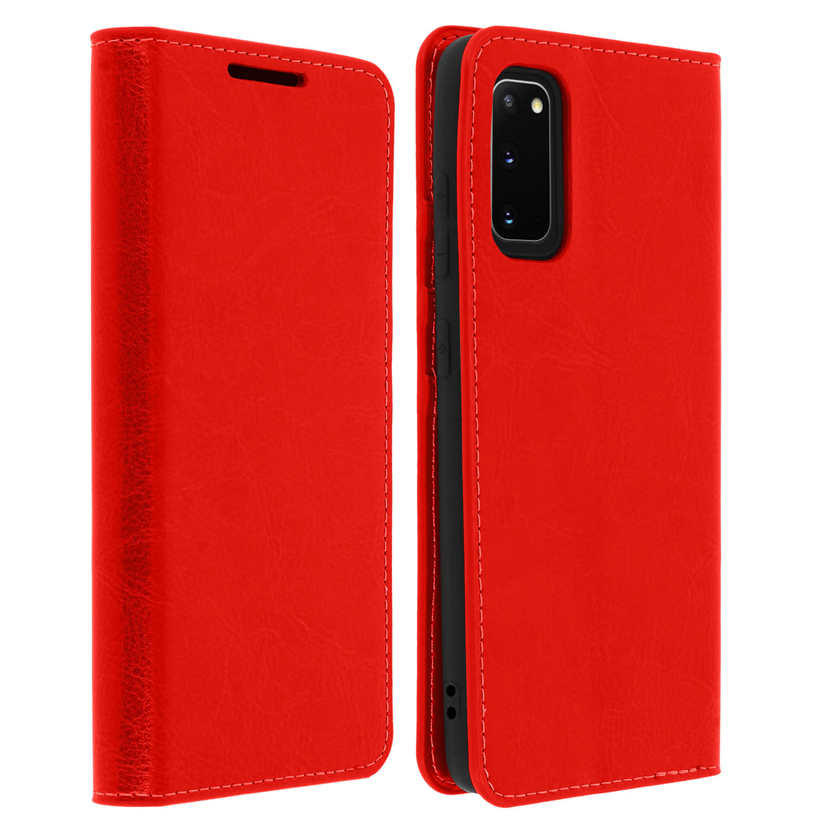 Rode telefoonhoes gesloten en open. De hoes is rood. De telefoon is niet zichtbaar.