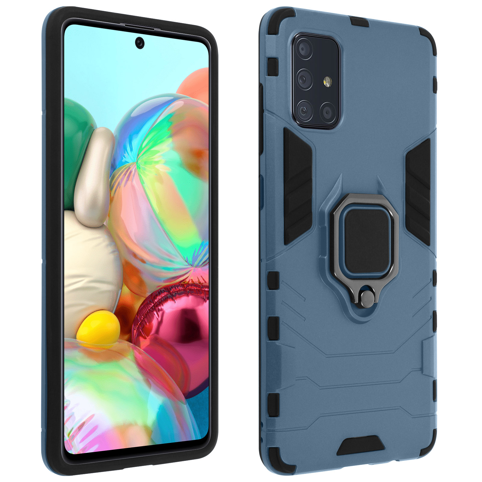 Coque de téléphone bleue avec support de bague et un téléphone. L'écran du téléphone affiche une image abstraite.