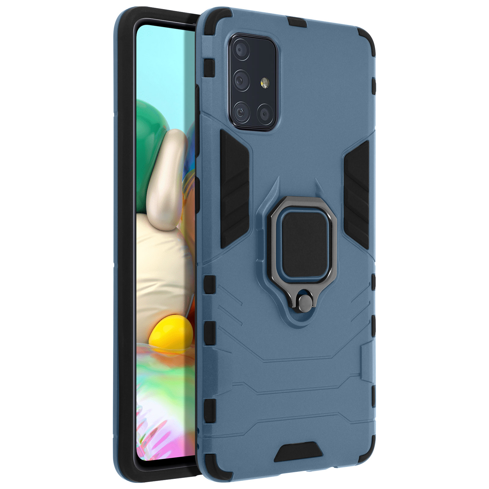 Une coque de téléphone bleue avec un anneau au dos.