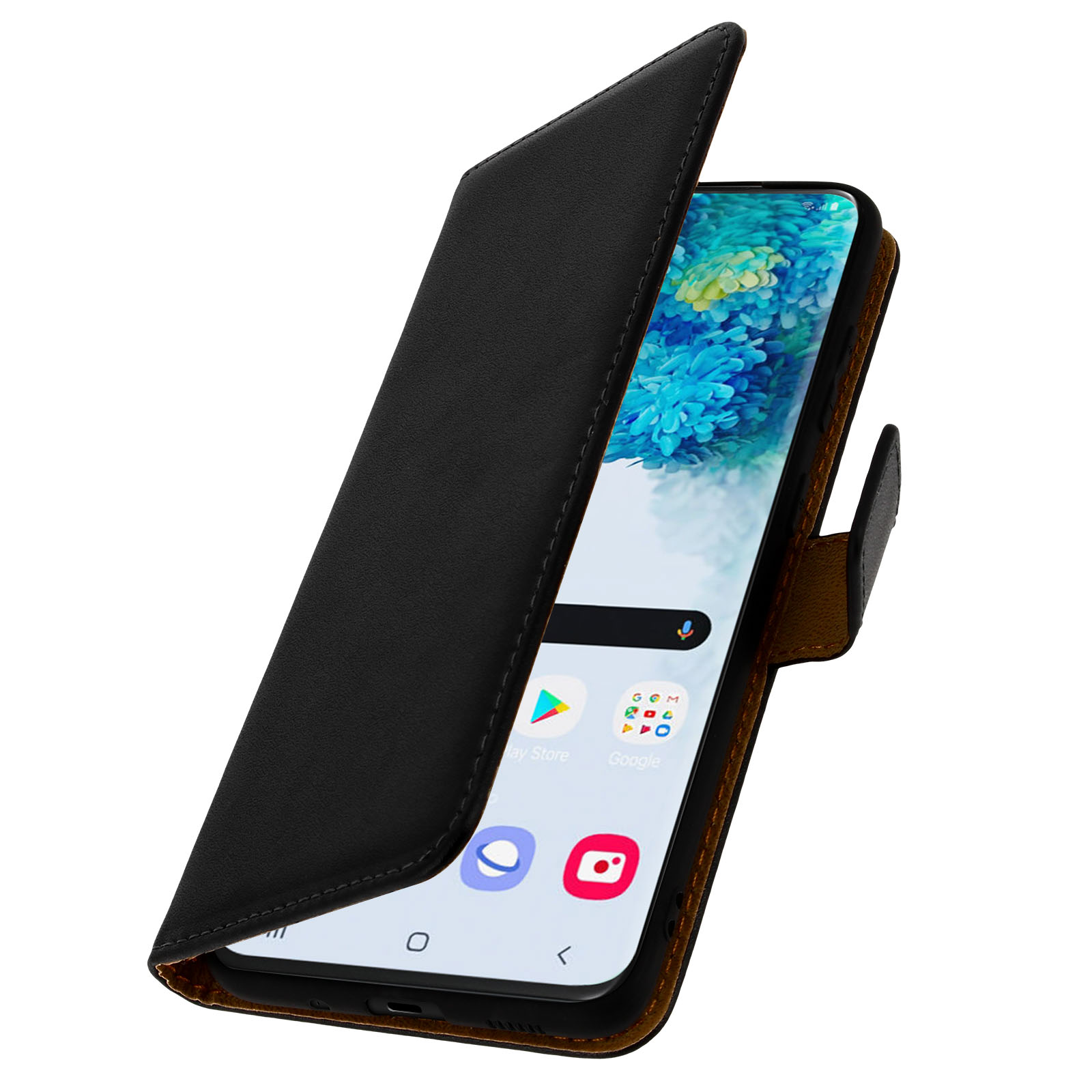 Een zwarte telefoonhoes met een telefoon erin, open. De telefoon toont een startscherm.