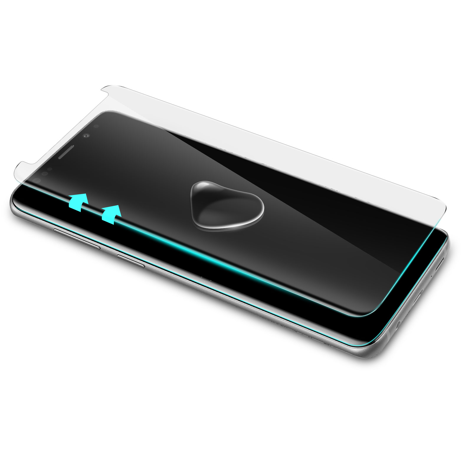 Pellicola protettiva per schermo del telefono applicata a un telefono, con frecce blu.