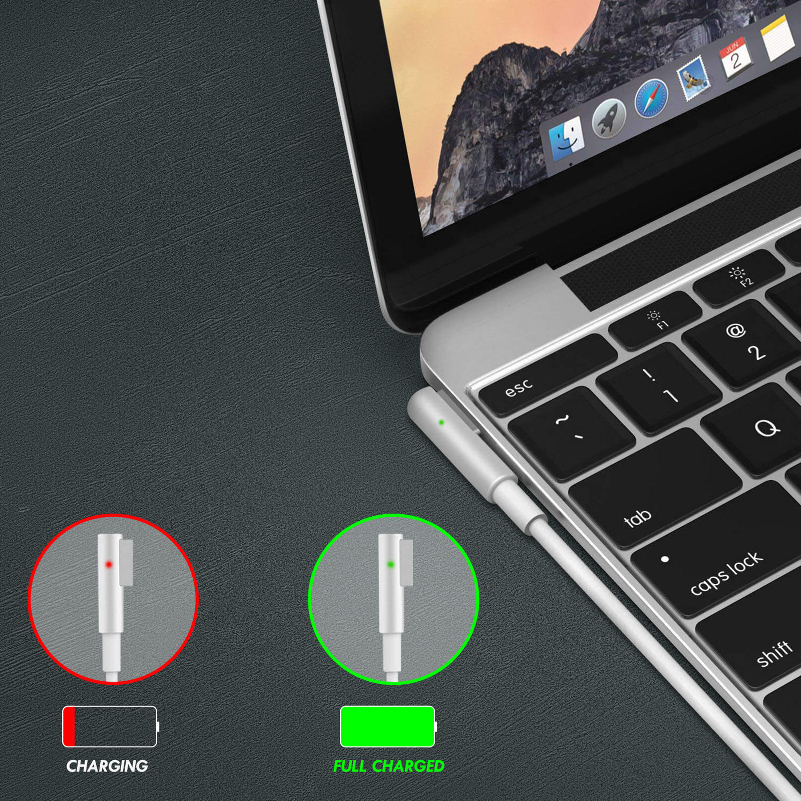 Laptop con cavo di ricarica; lo stato di ricarica è indicato da luci rosse e verdi.