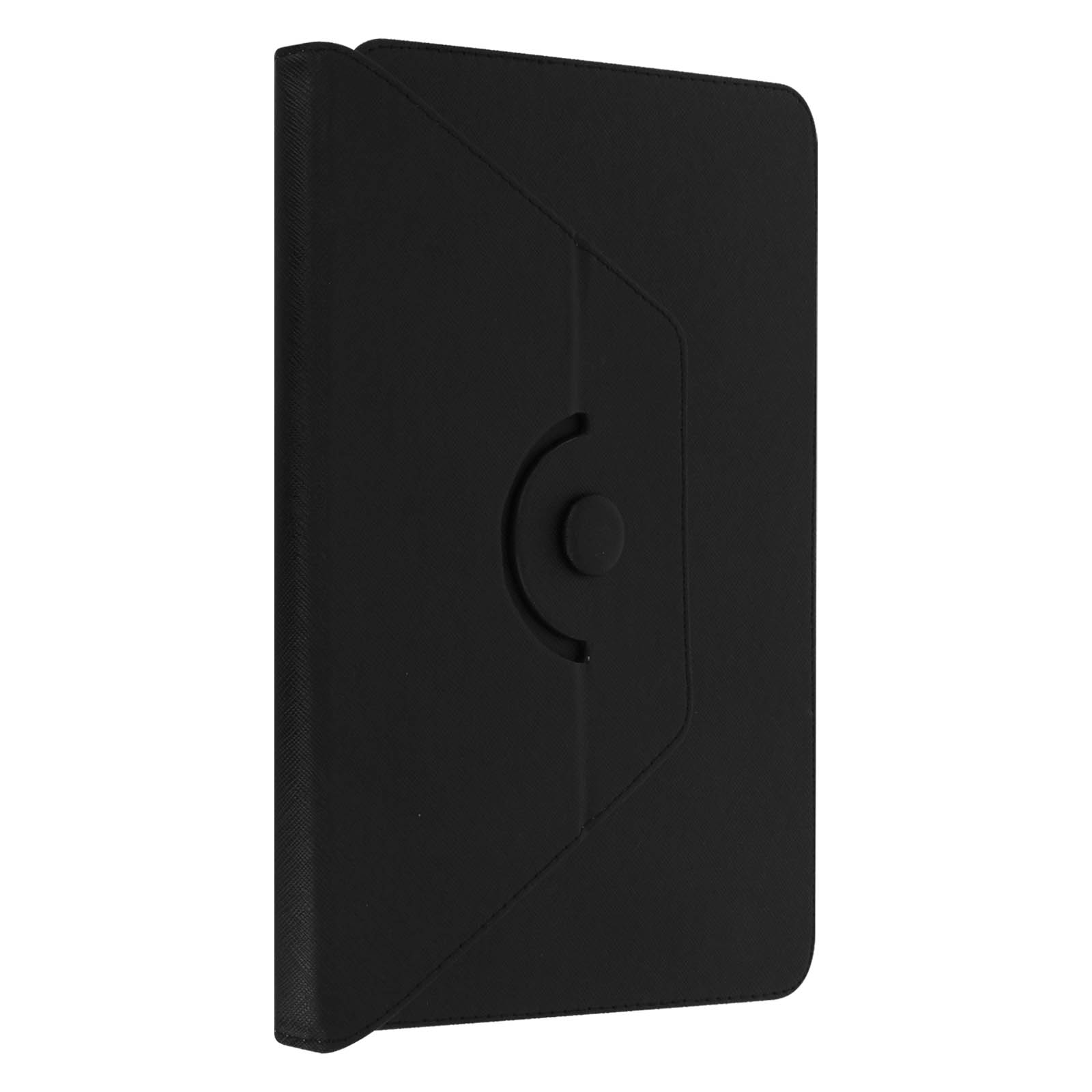 Custodia per tablet nera. Chiusa e in posizione verticale. La custodia presenta un dettaglio a bottone e bordi angolati.