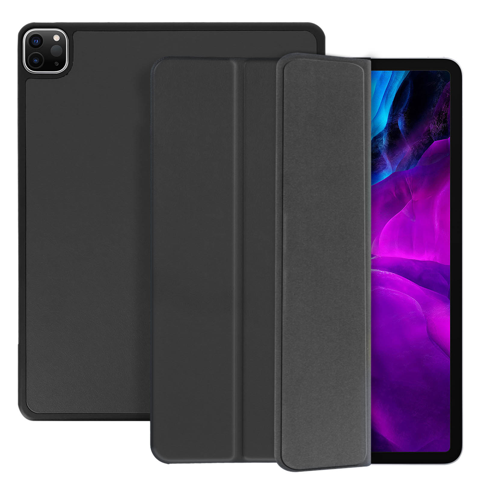 Schwarze Tablet-Hülle offen, zeigt einen lila Bildschirm des Tablets. Die Hülle ist schwarz.