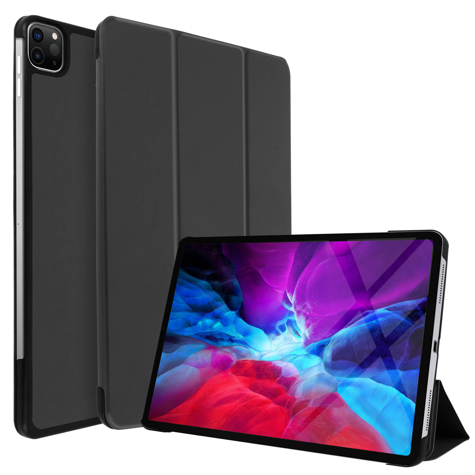 Schwarze Tablet-Hülle mit Tablet darin und ein weiteres aufrecht stehend.