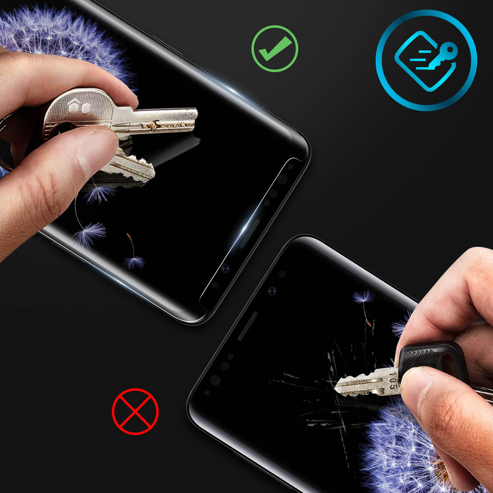 Protezioni schermo per telefono. Chiavi che graffiano lo schermo. Sfondo nero con icone.