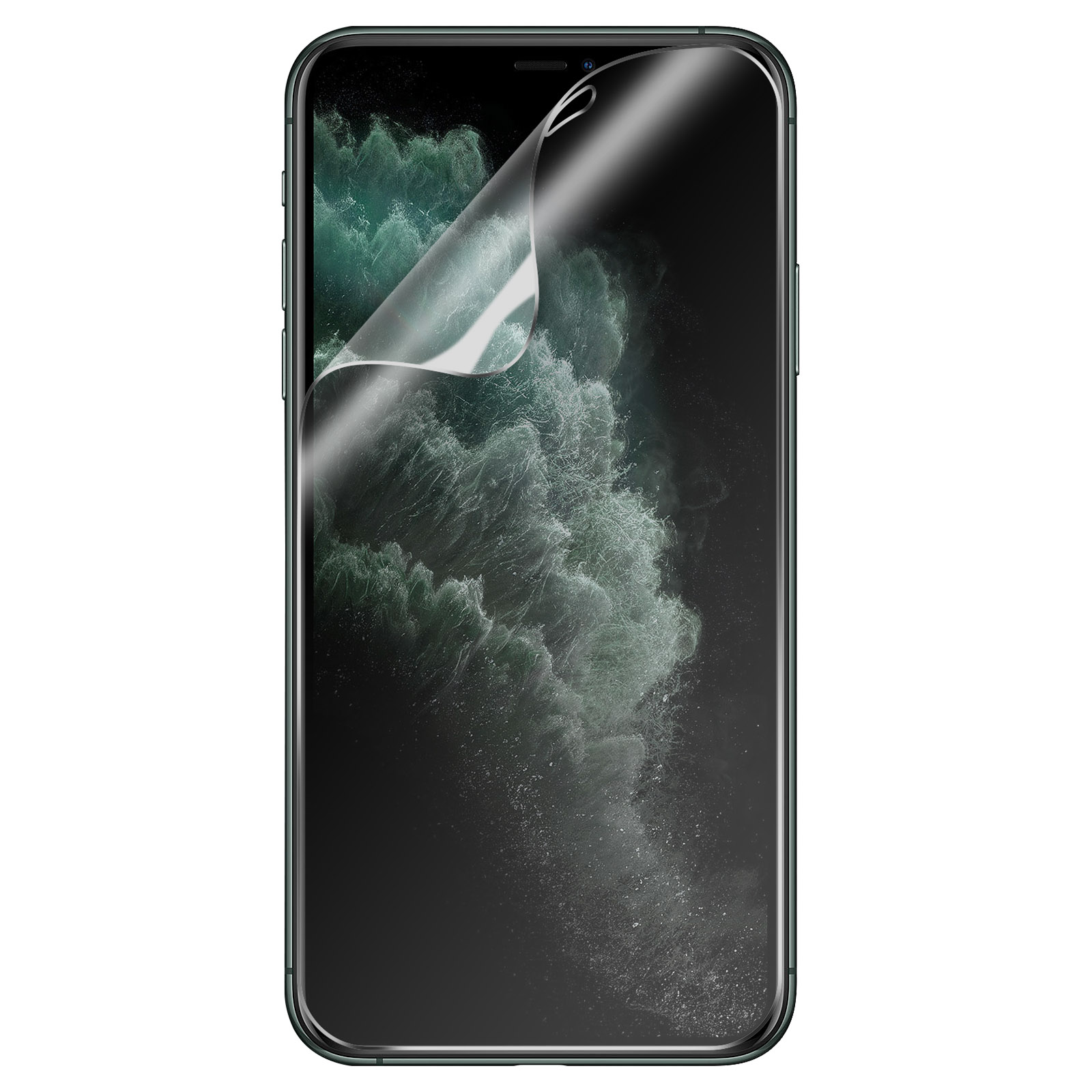 Un telefono con una protezione per lo schermo che viene staccata, mostrando un paesaggio montano.