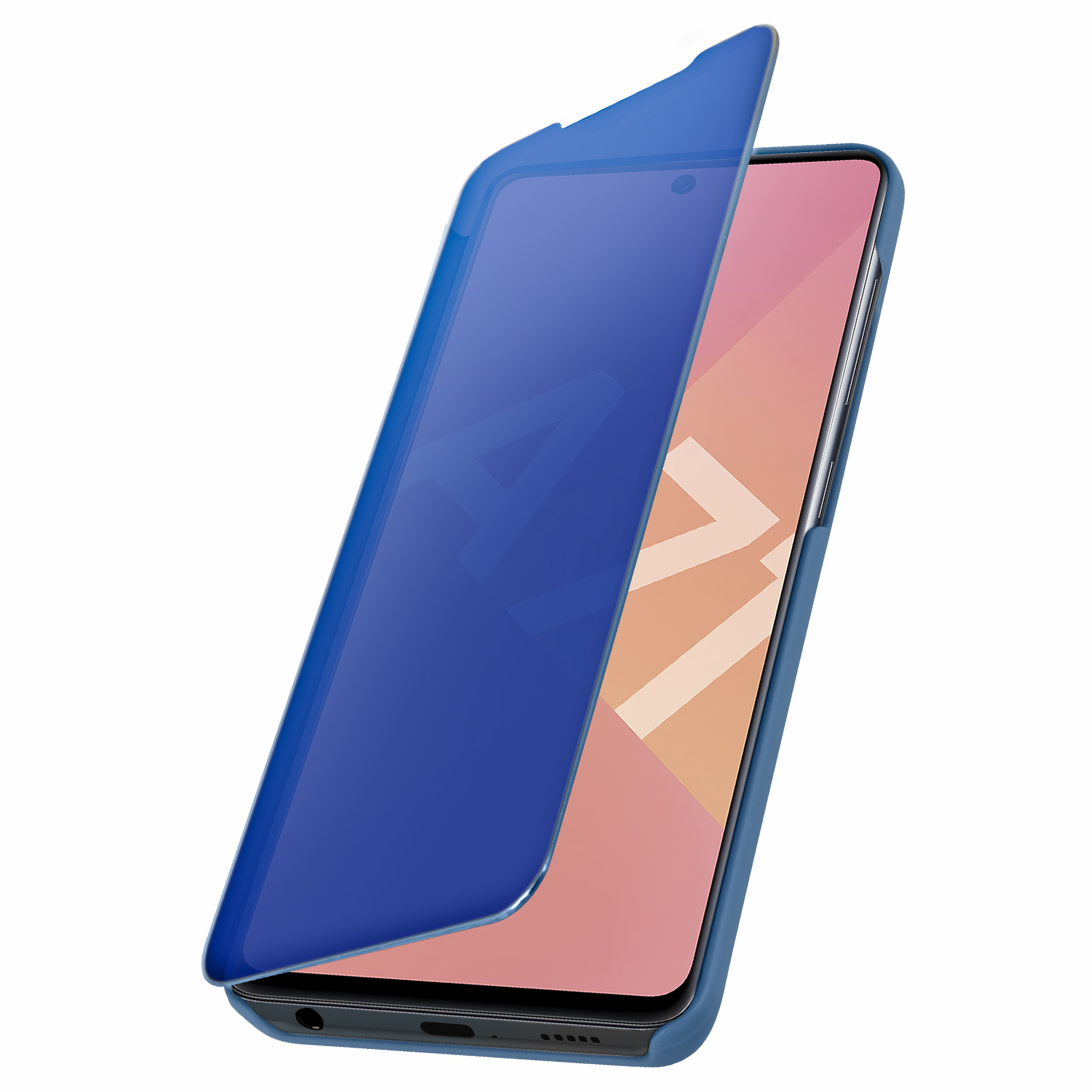 Custodia blu per telefono con schermo aperto. Schermo rosa e sfondo bianco.