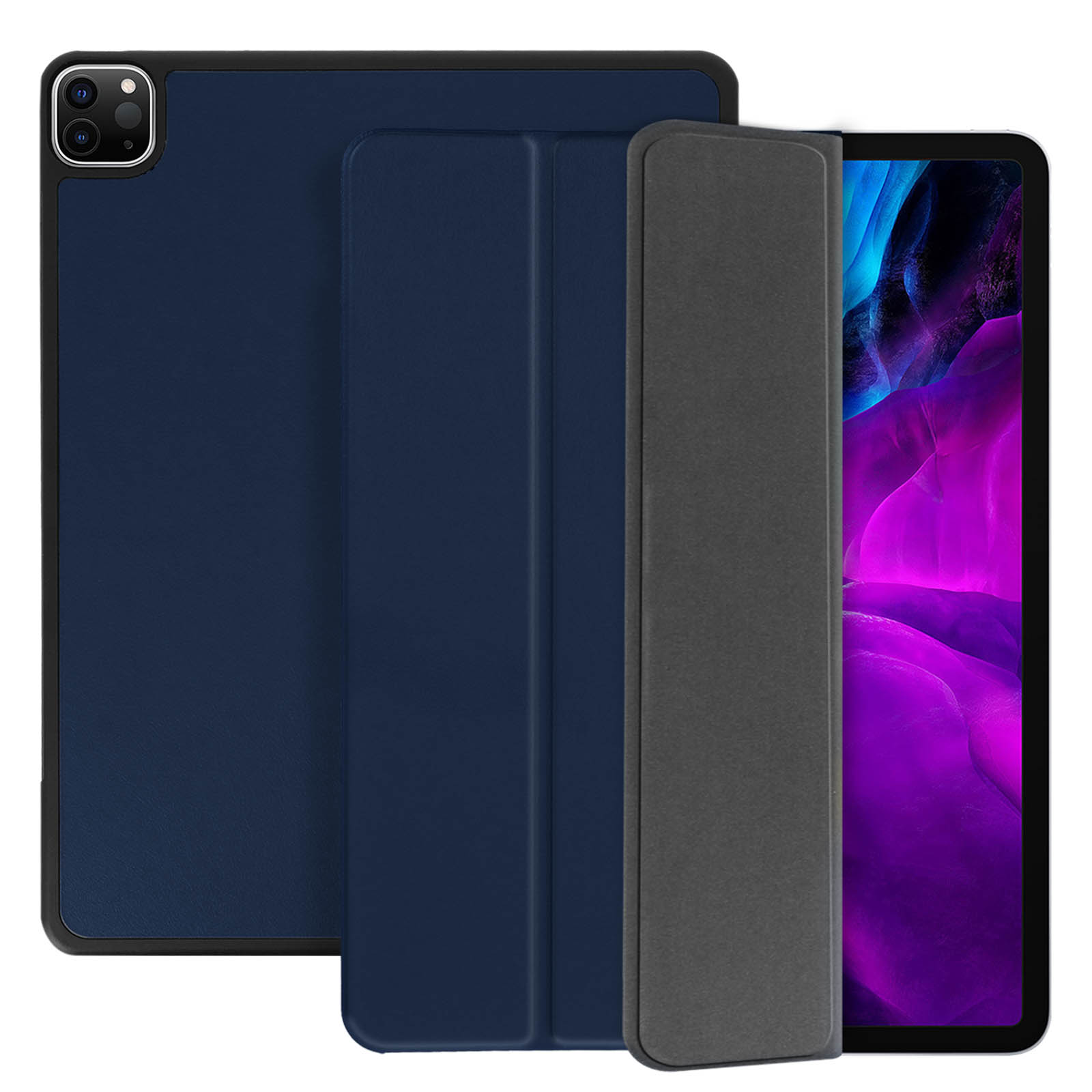Tablet con custodia blu navy e cover grigia. Sfondo bianco.
