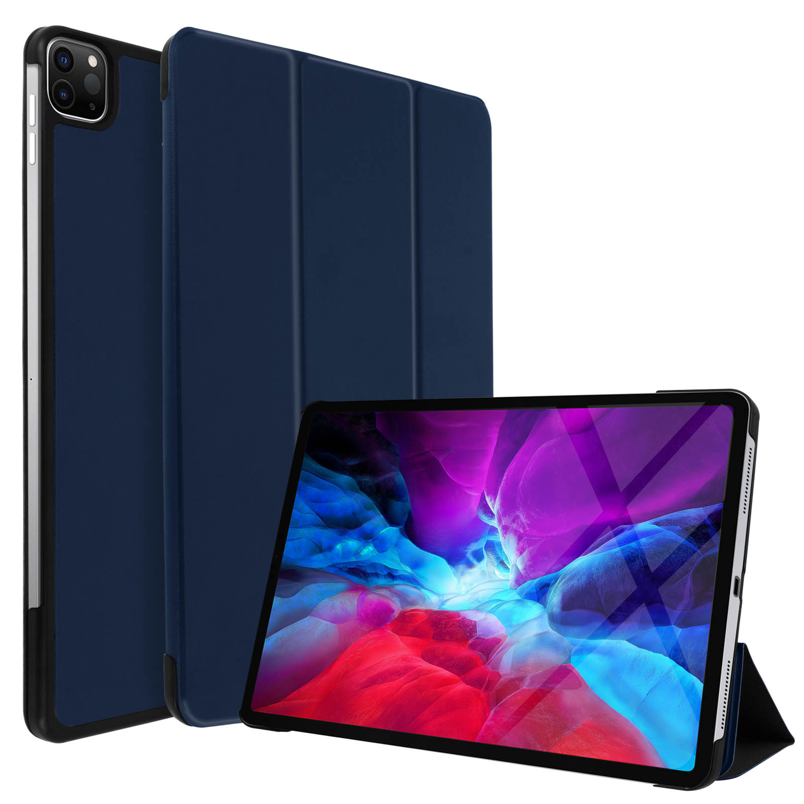 Un tablet blu scuro con custodia, di fronte a uno sfondo bianco e nero.