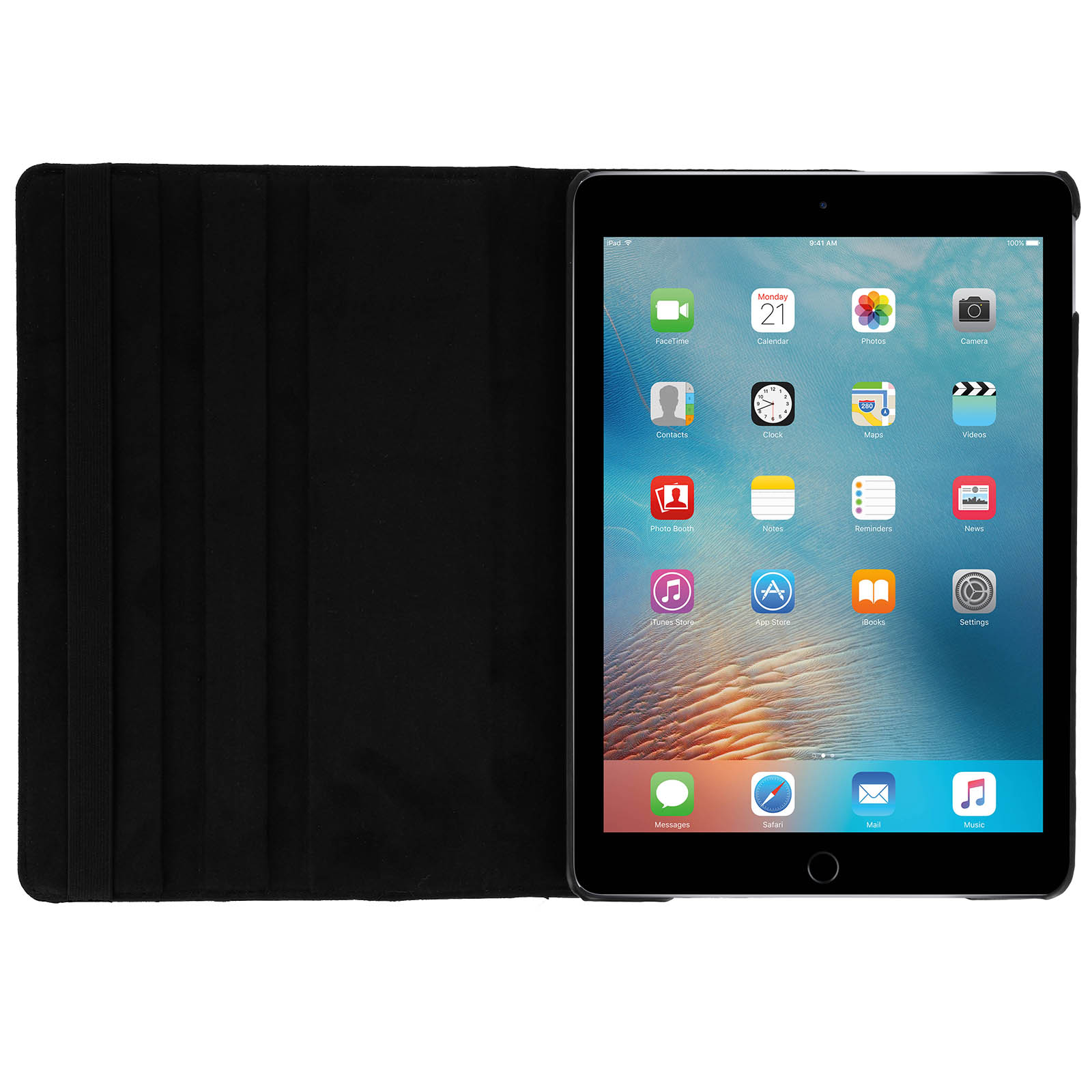 iPad nero in custodia nera, aperto.