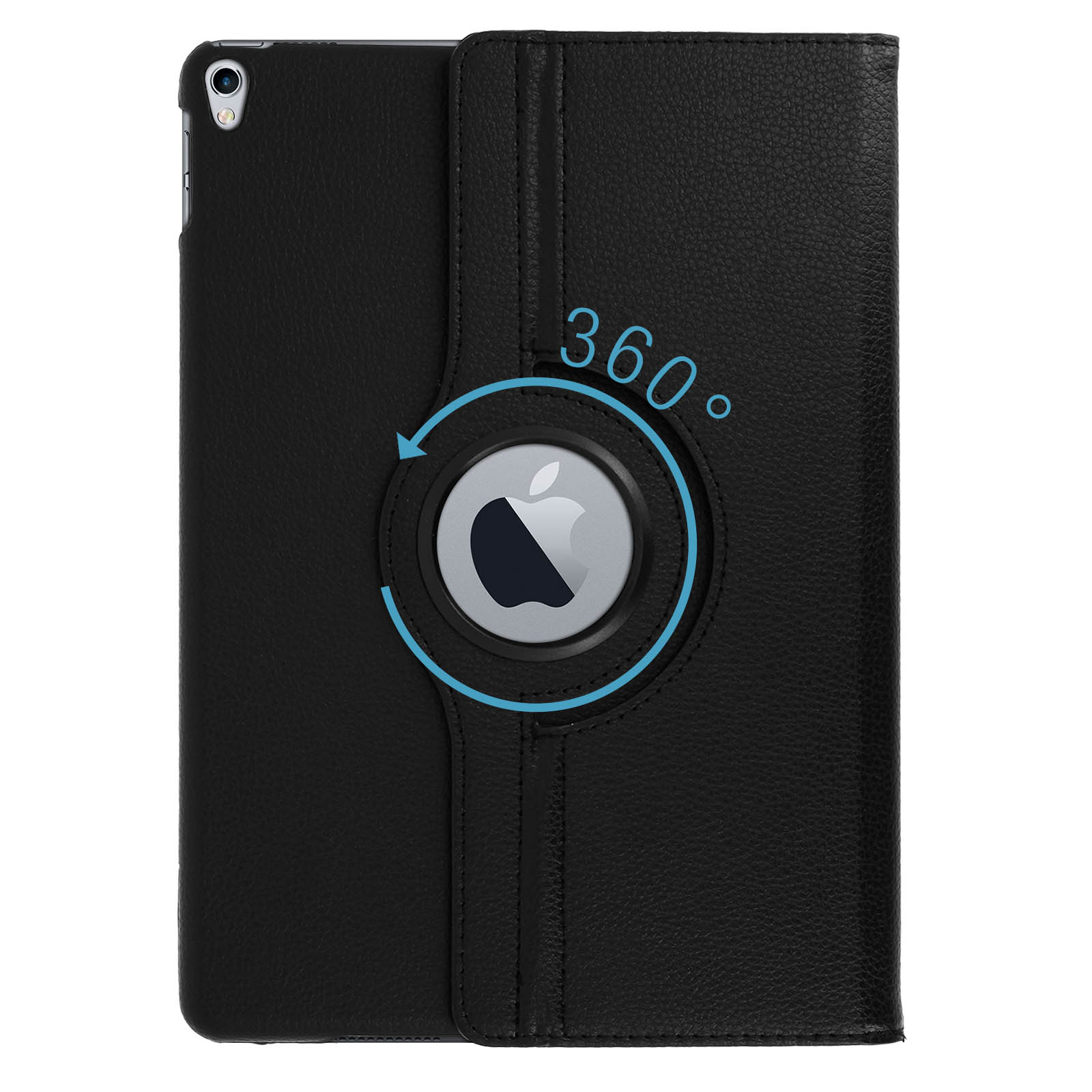 Custodia iPad nera con logo Apple rotante. Le parole '360°' circondano il logo.