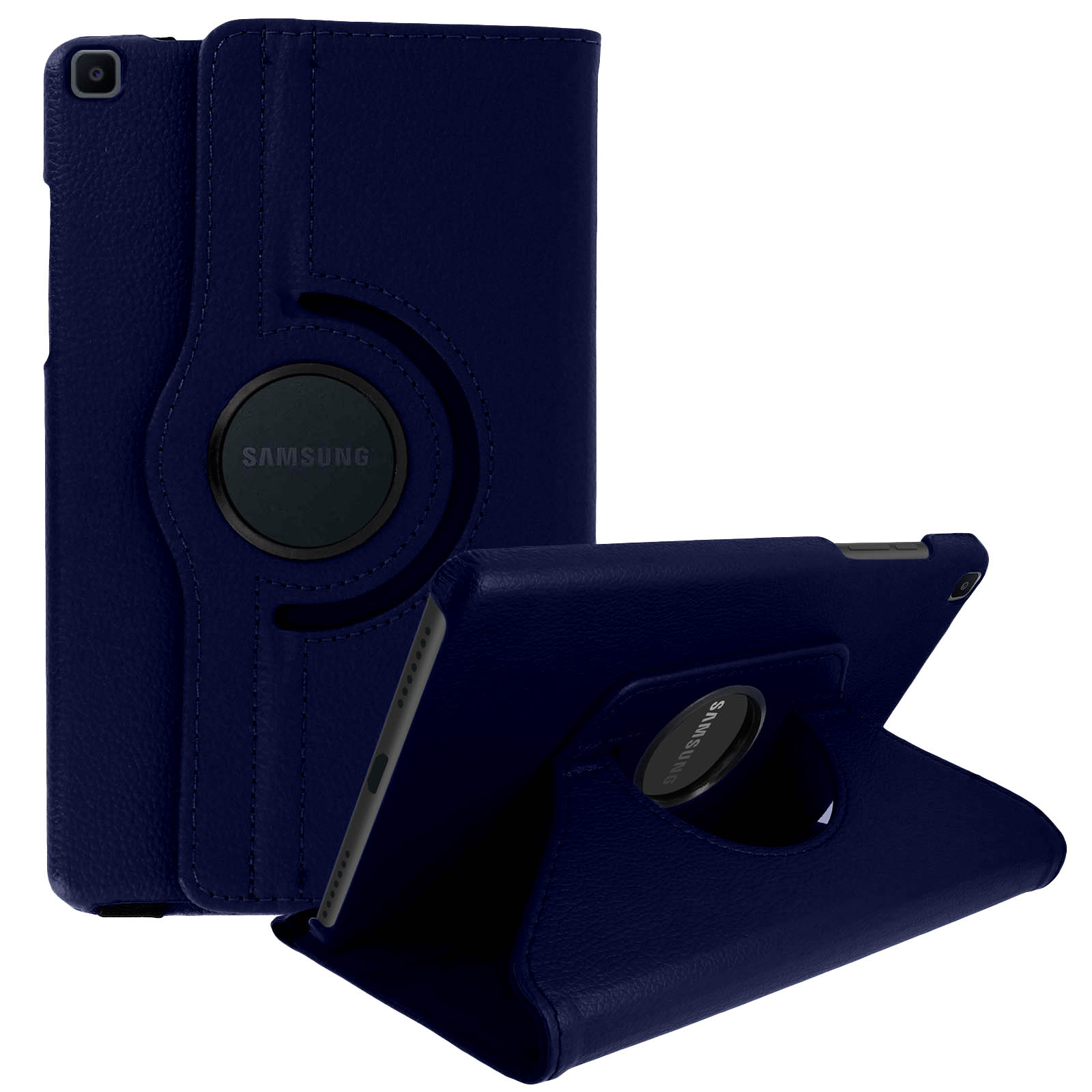 Una custodia per tablet blu navy con il logo Samsung in due posizioni.