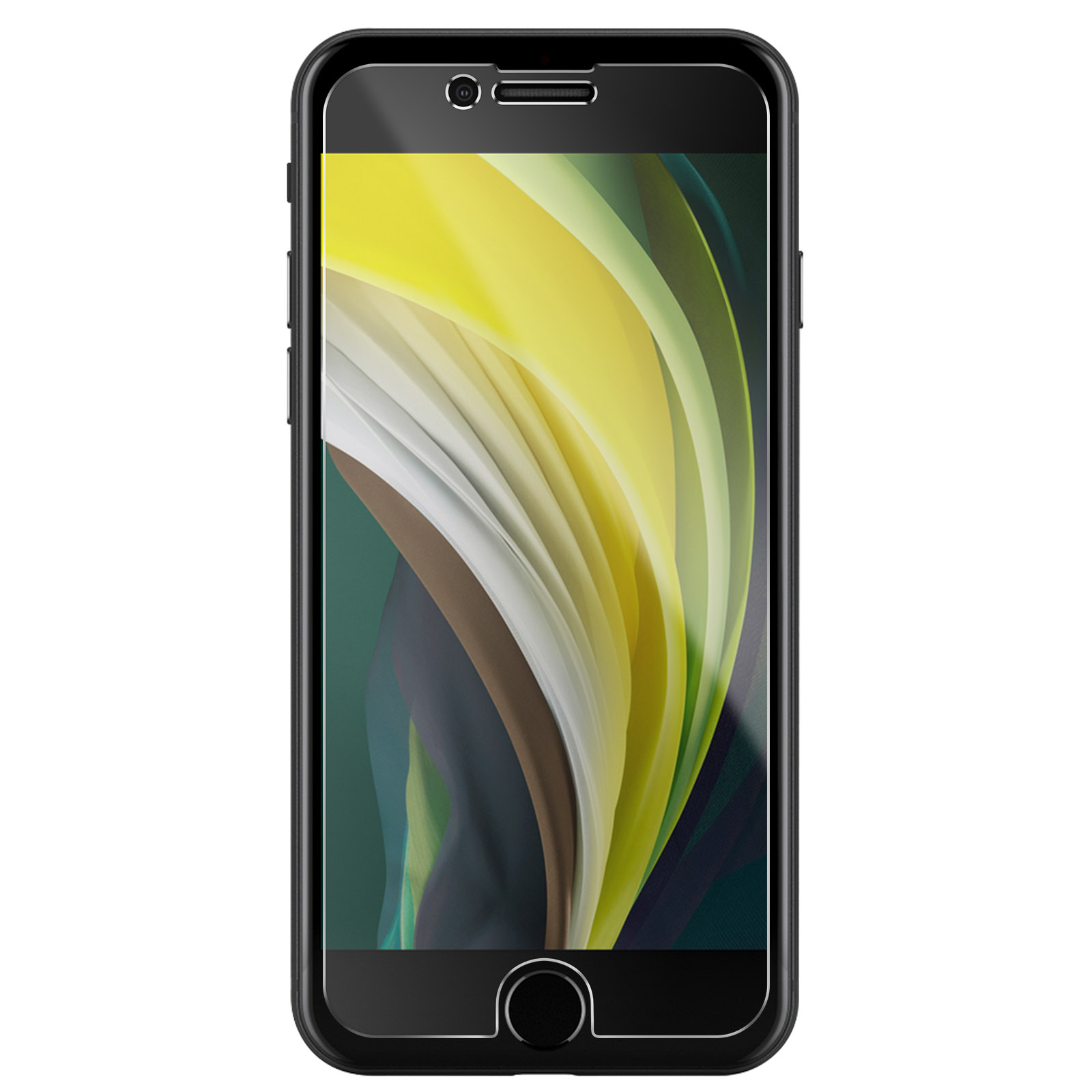 Smartphone nero con protezione schermo applicata. Lo schermo mostra sfondo colorato astratto.