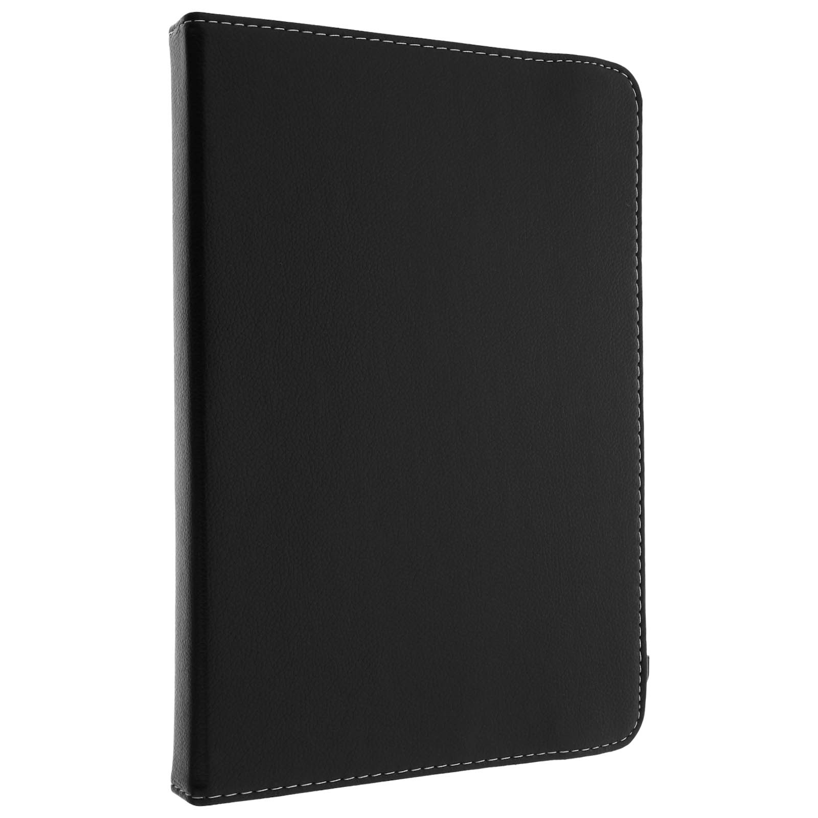 Custodia per tablet in pelle nera. Cuciture bianche sui bordi. Orientamento verticale.